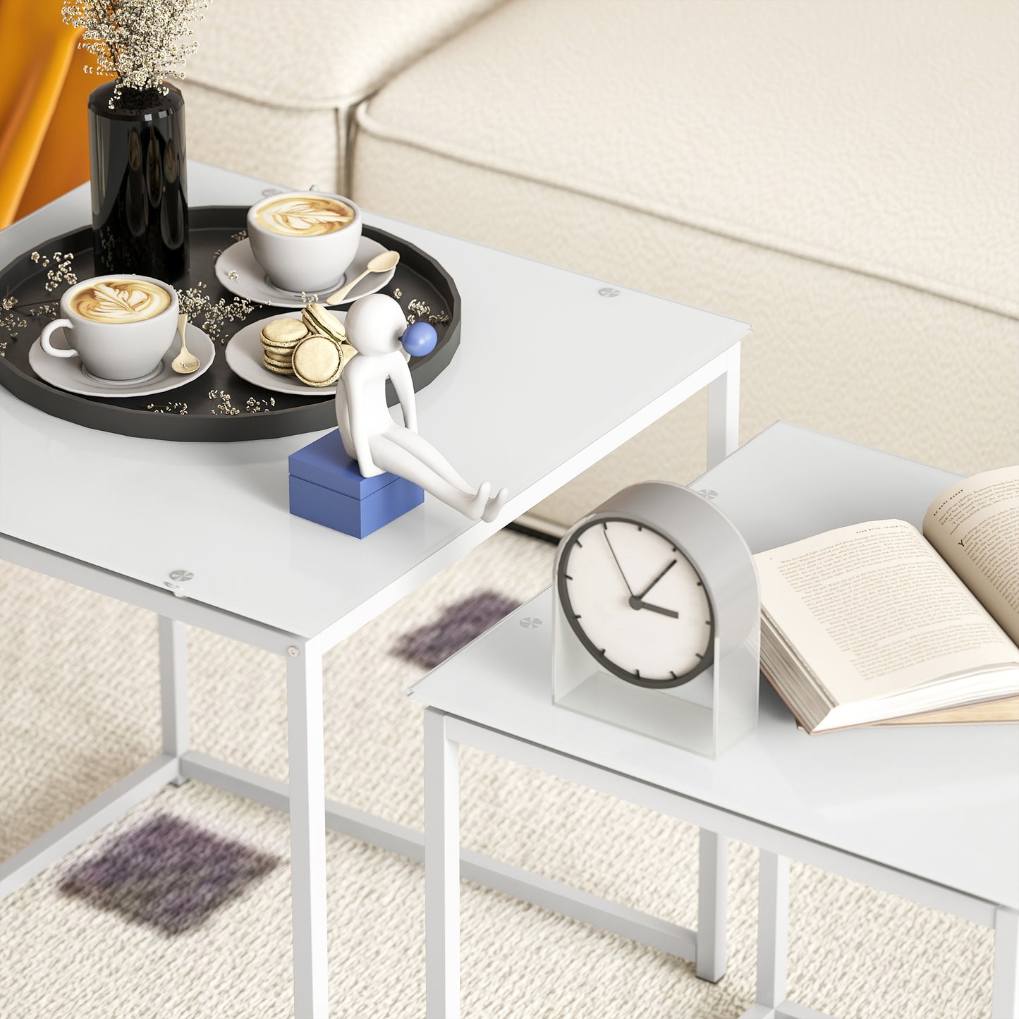 Lenoni Metal And Glass White Set Of 2 Nesting Coffee Tables With TemFauxred Glass Tops