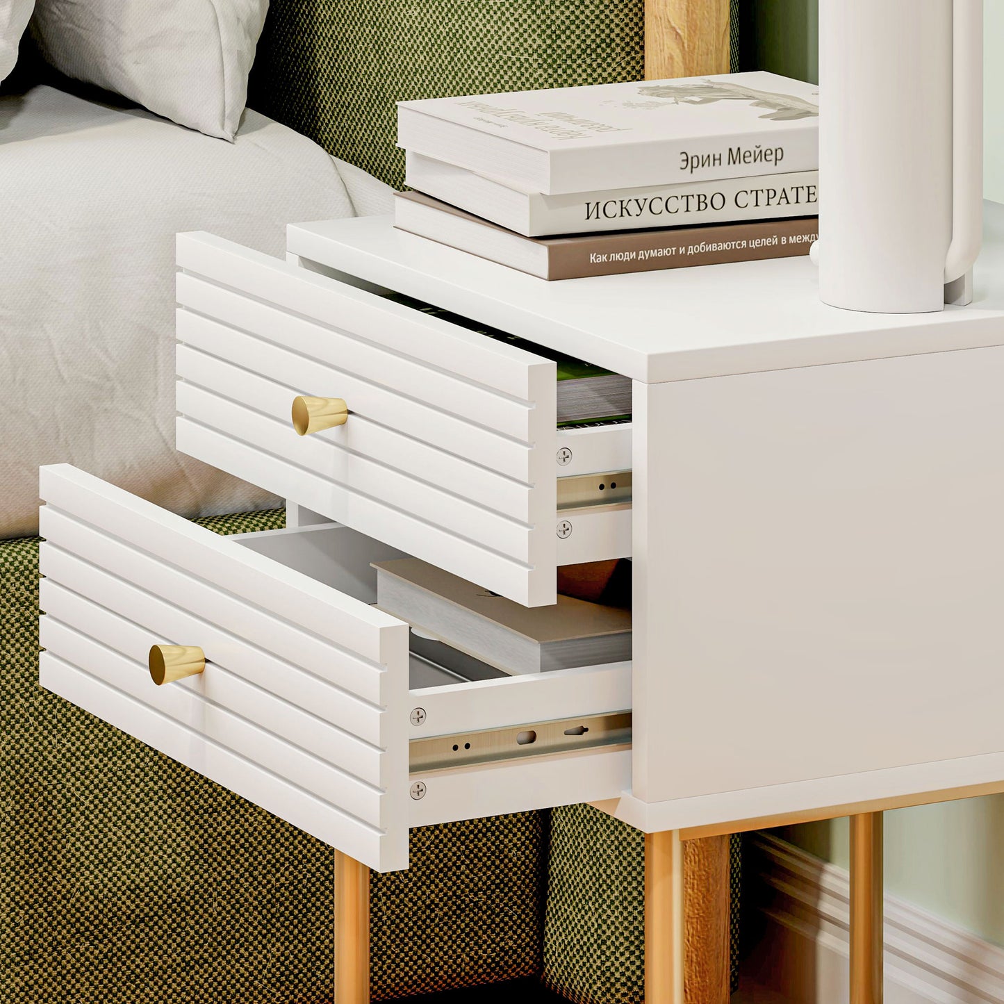 Satosu Set Of 2 White And Gold Elegant Bedside Tables with Ribbed Drawers