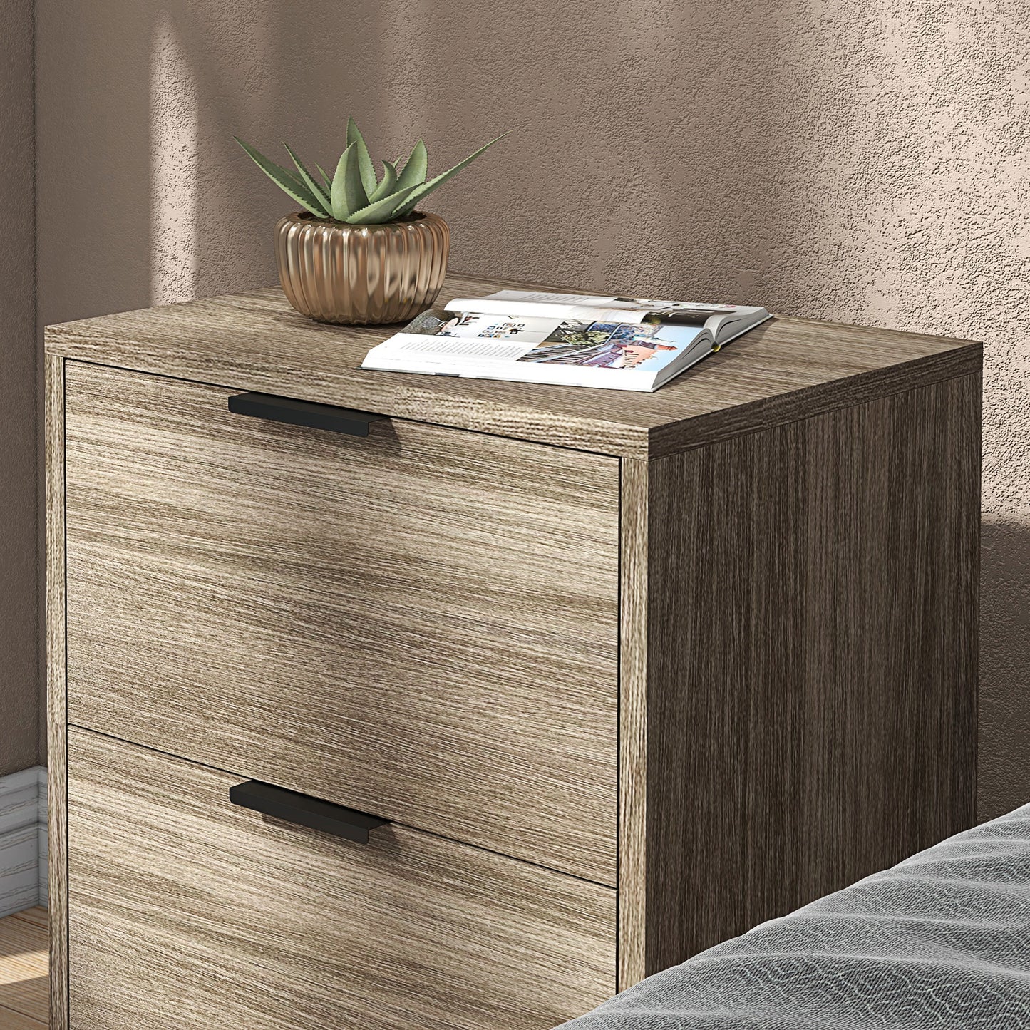 Nielel Set Of 2 Grey Wood Effect Bedside Tables 2 Drawers