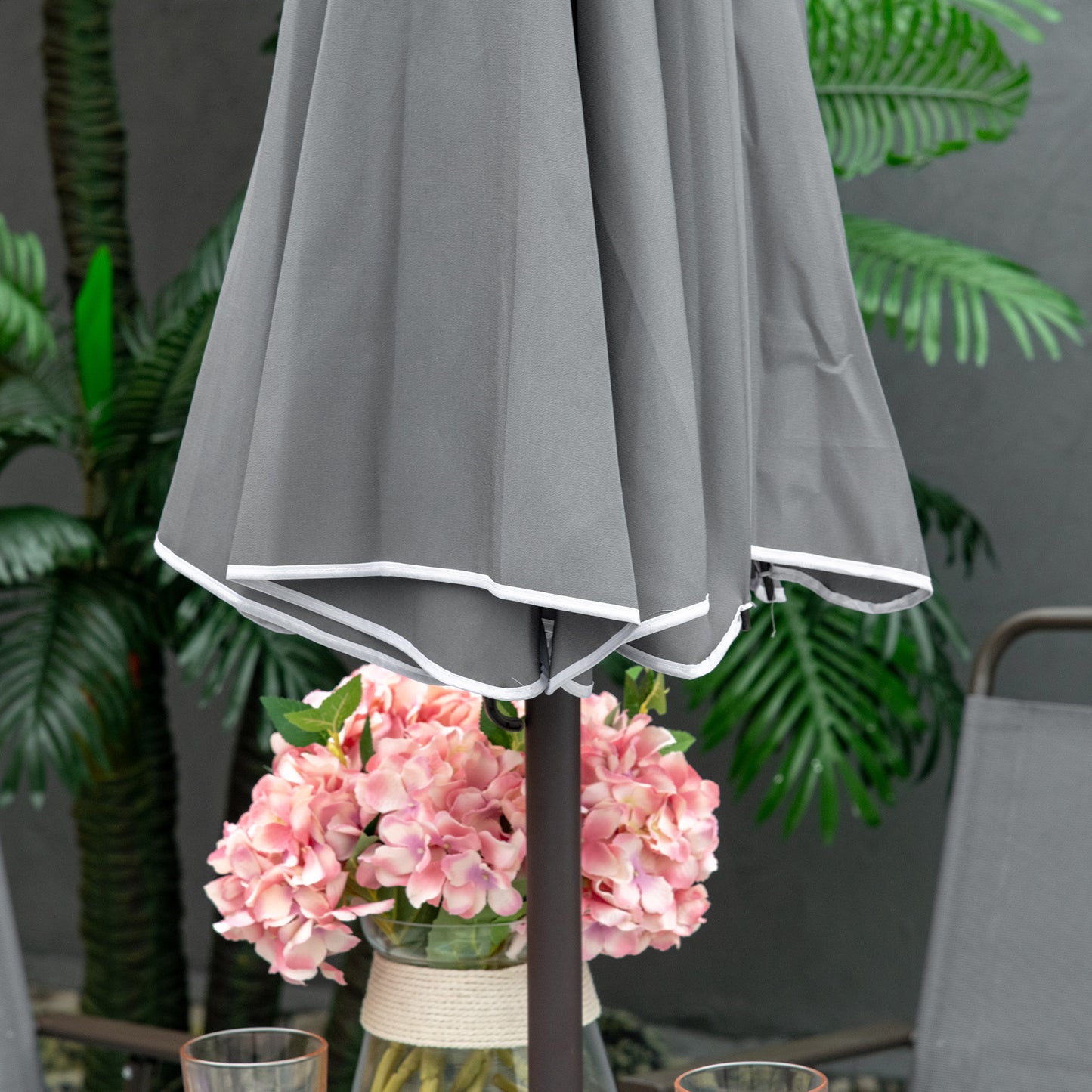 Misotte Metal and Mesh Light Grey 4 Seater Garden Dining Set With Parasol Folding Chairs And Glass Table