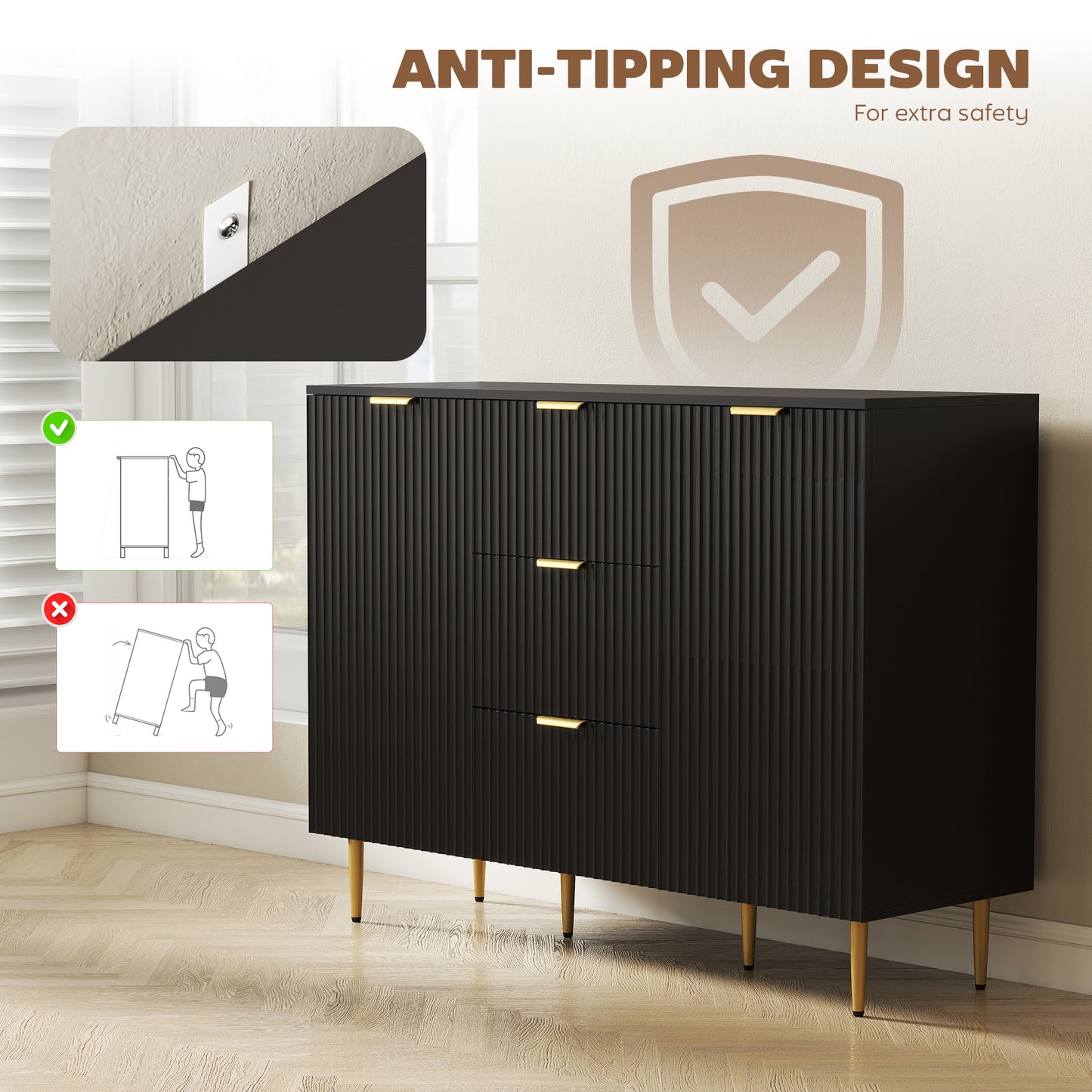 Surara Baro Black Ribbed 2 Door Sideboard 3 Drawers 2 Shelves Gold Accents