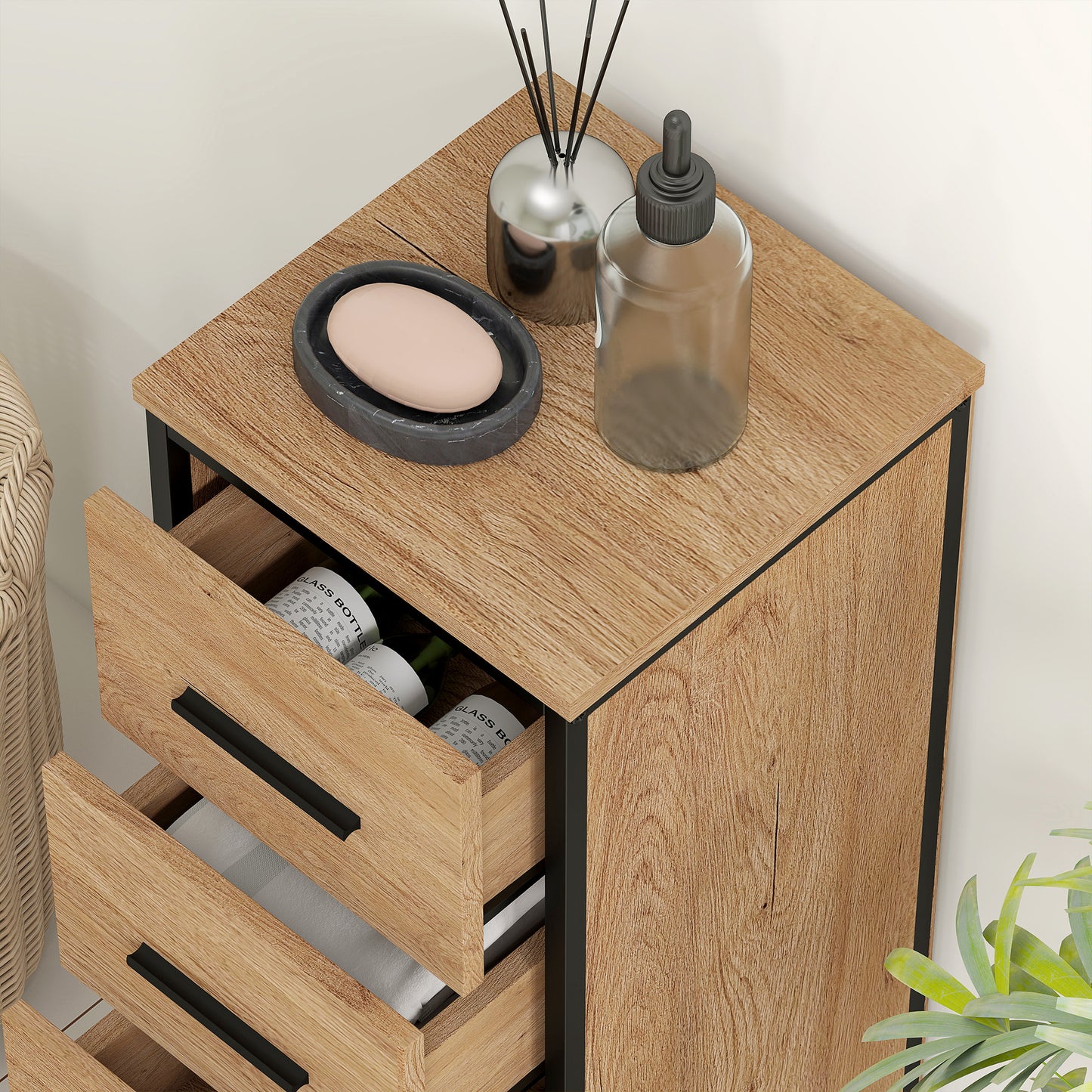 Nita Narrow Bathroom Storage Cabinet With 4 Drawers Oak Finish