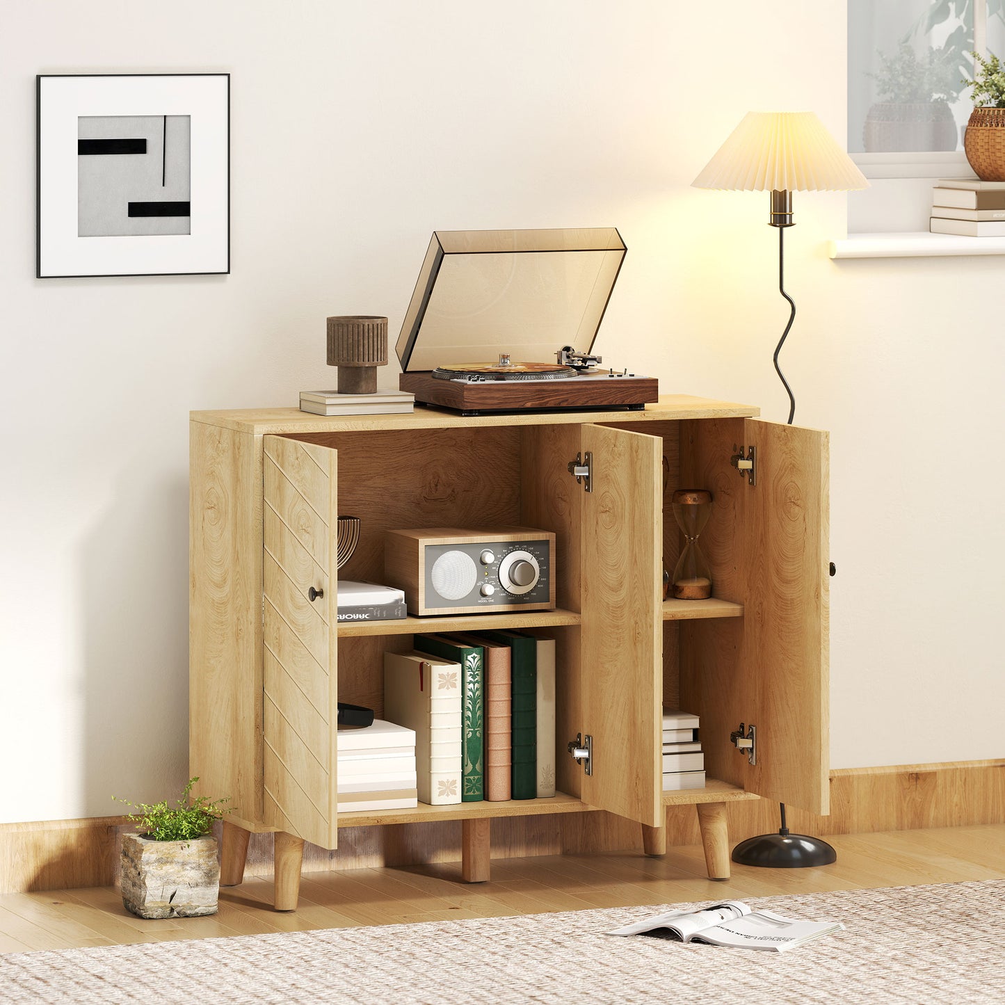 Lurodo Natural Wood Sideboard With Chevron Patter 3 Doors