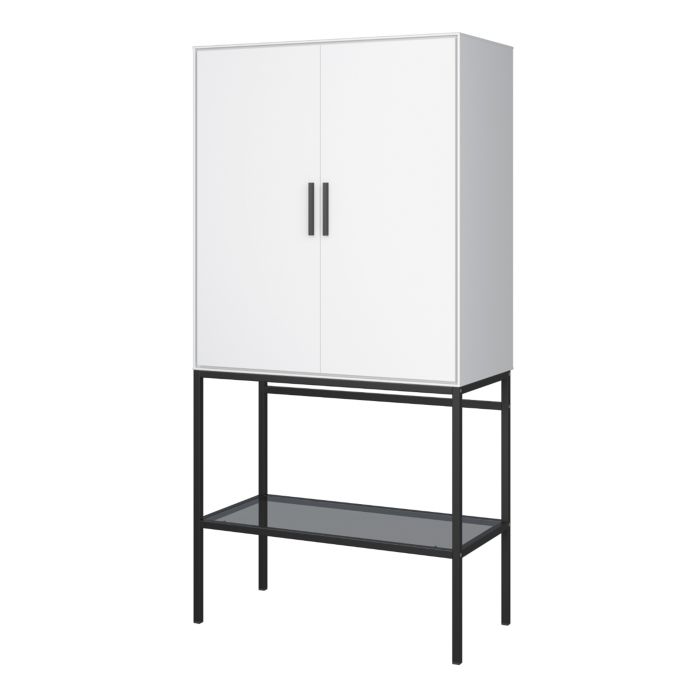 Vienna White Slim Tall Cabinet Black Metal Legs 2 Doors 4 Shelves