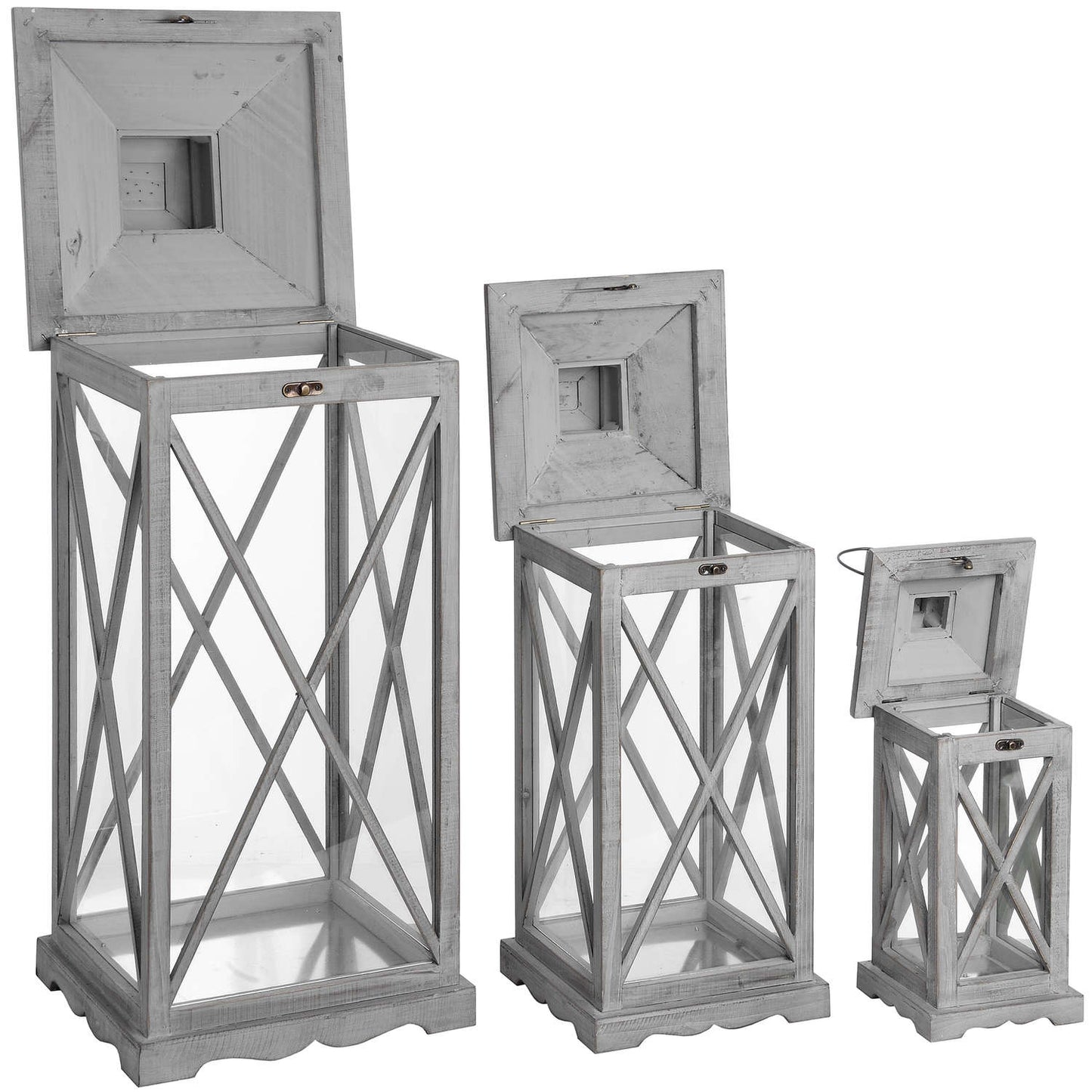 Set Of Three Grey Wooden Lanterns With Glass Panel and Traditional Cross Section