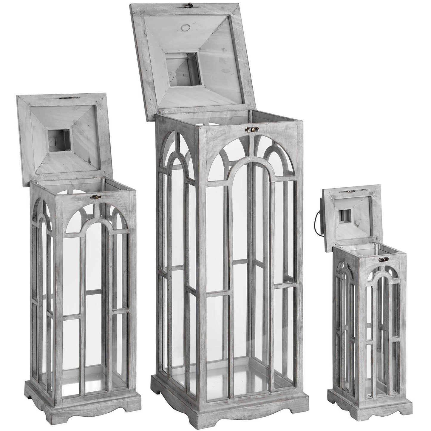 Set Of Three Grey Washed Wooden Lanterns With Archway Design with Handle