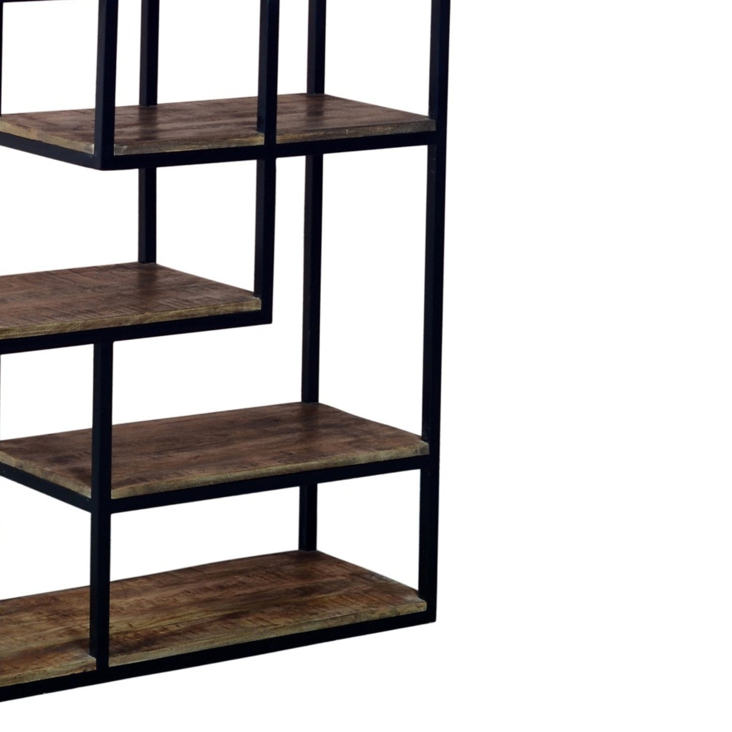 Multi Shelf Industrial Wood and Black Metal Multi Tier Shelving Unit