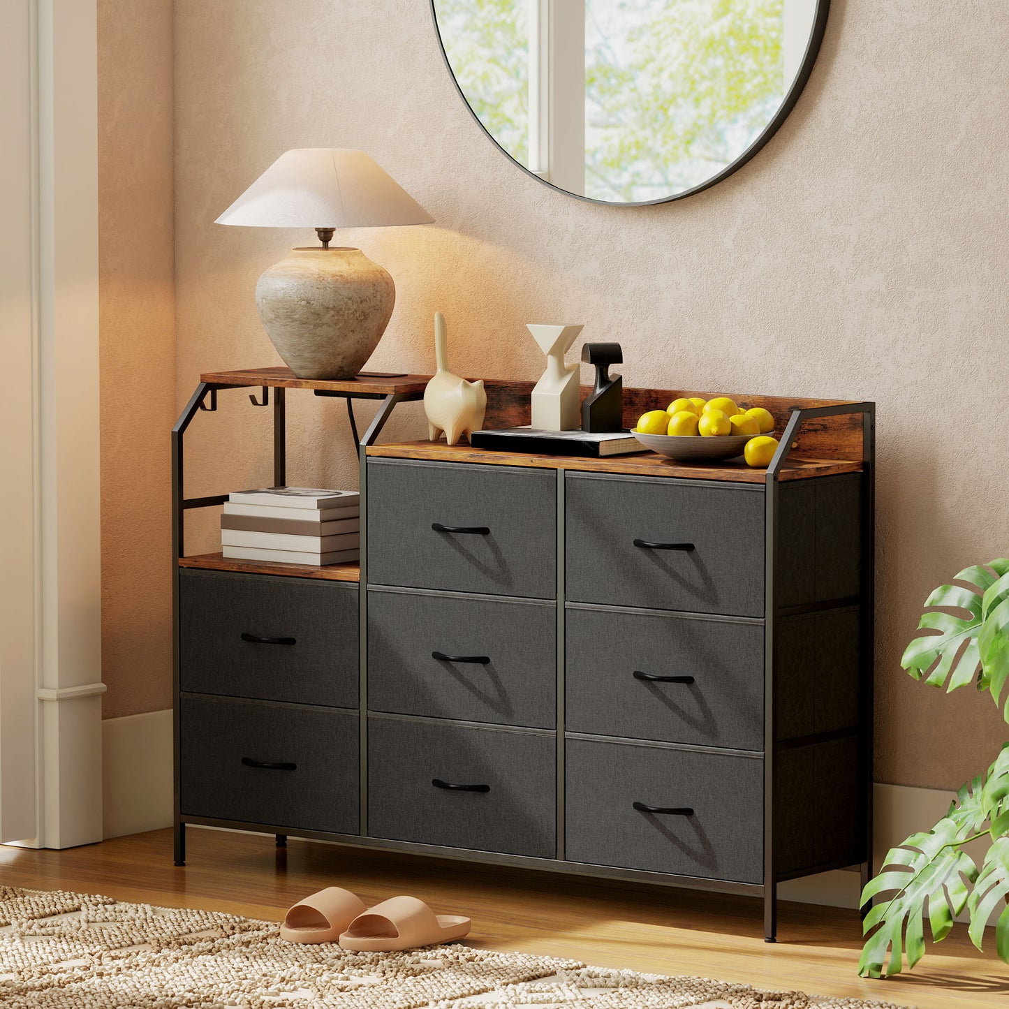 Comke Metal And Wood Brown And Black 8 Drawer Storage Chest With Integrated Charging Station