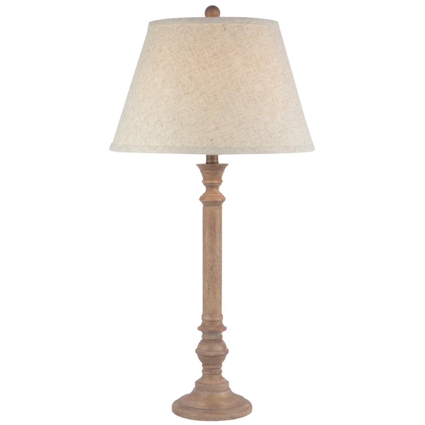 Flavigny Natural Turned Wooden Pillar Table Lamp With Cream Linen Shade