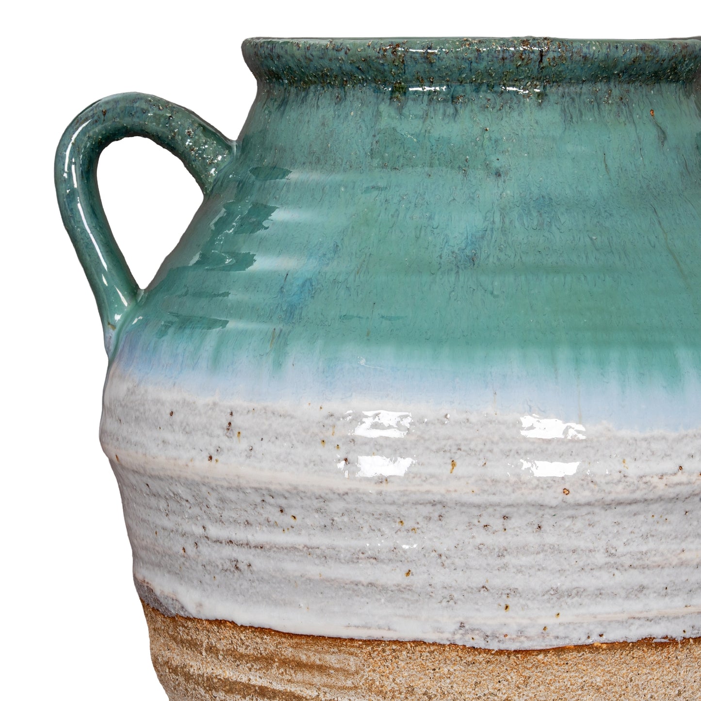 Rustic Ombre Turquoise Blue and Sand Glazed Ceramic Vase with Handles