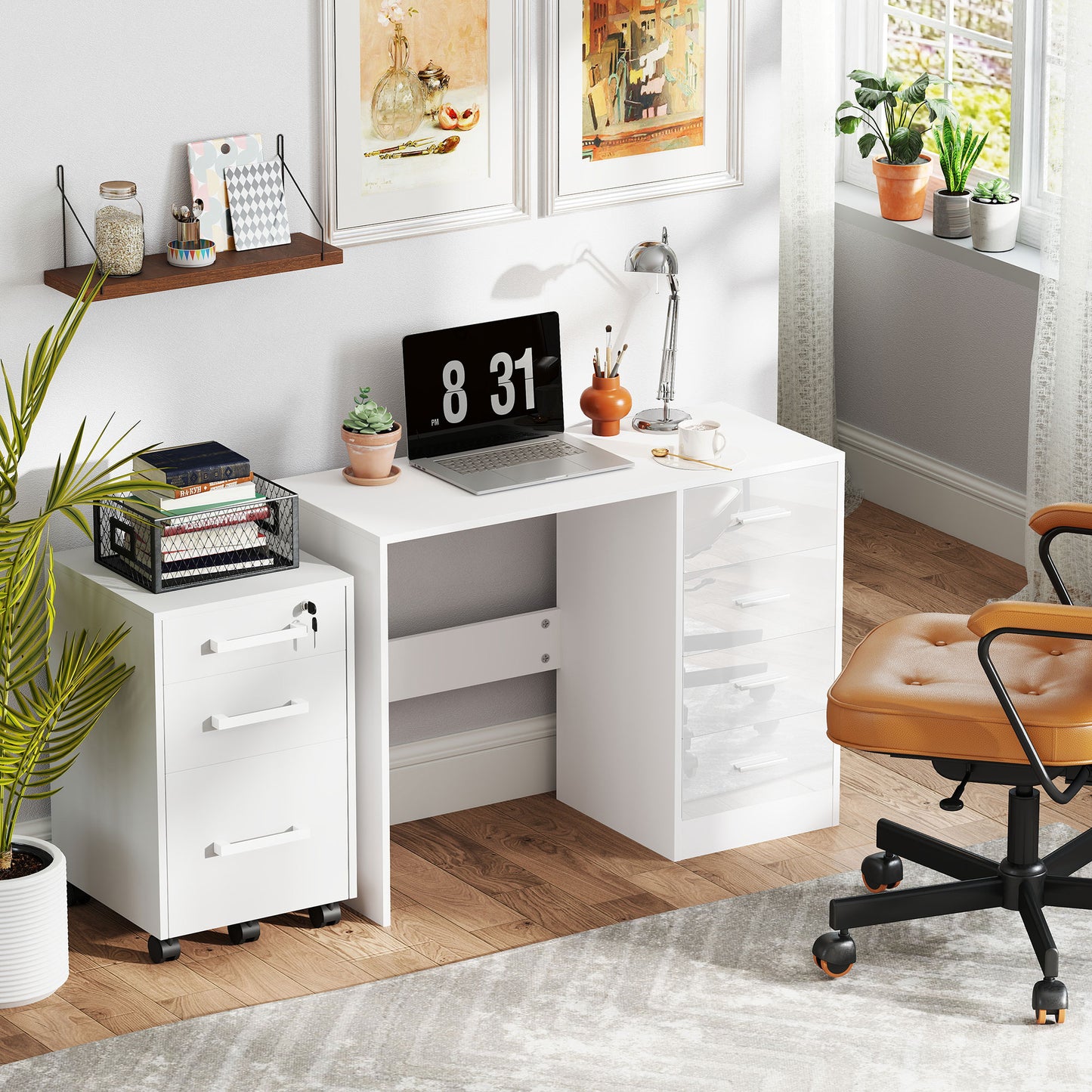 Reka 98cm High Gloss White Desk 4 Drawers For Home Office
