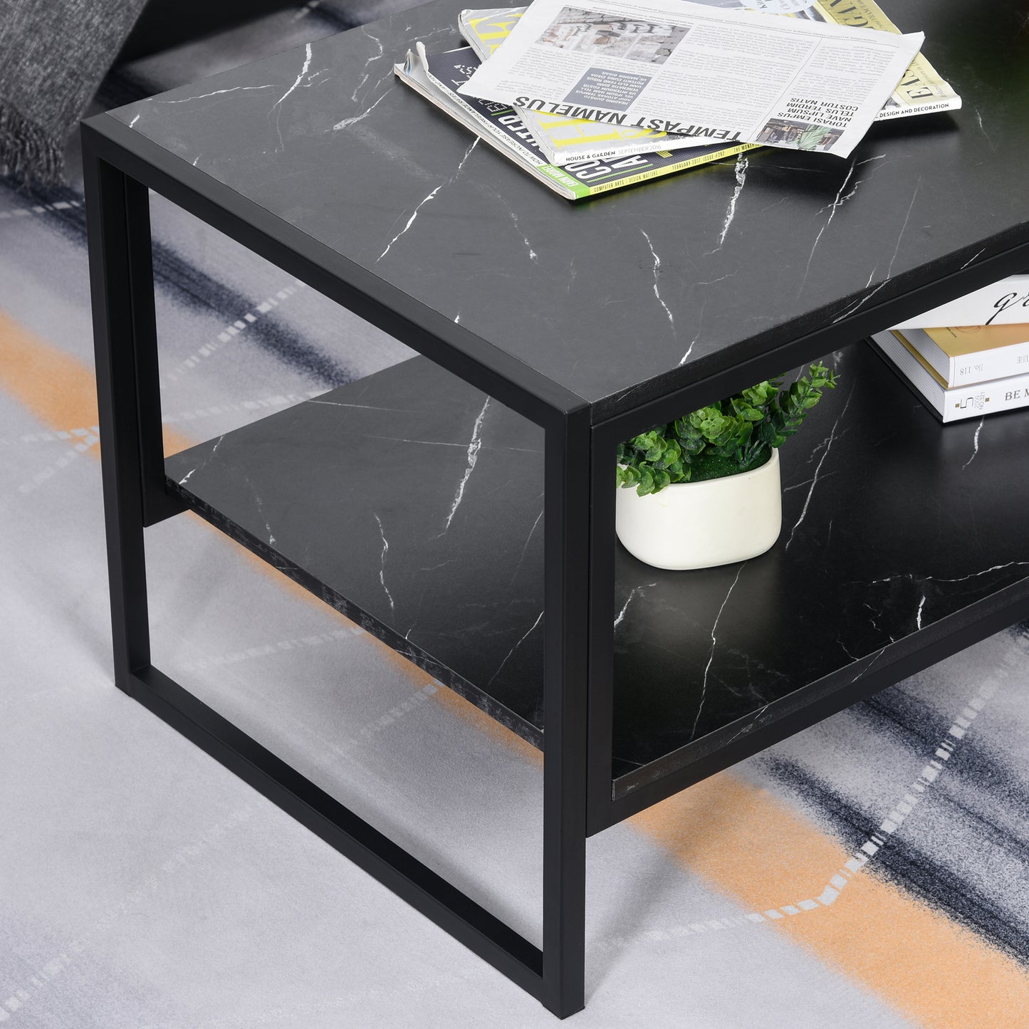 Minaba Metal And Wood Black 2 Tier Marble Effect Coffee Table With Bottom Shelf