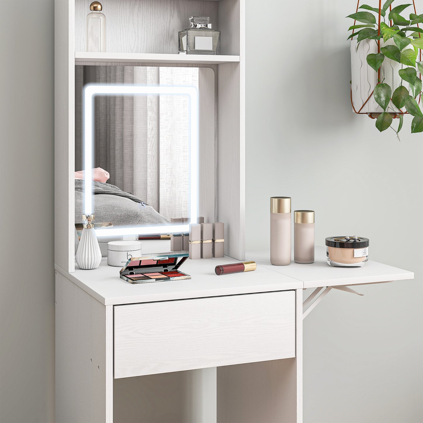 Ravitti White Compact Vanity Desk With Mirror LED Lights Drop Leaf And Open Shelves