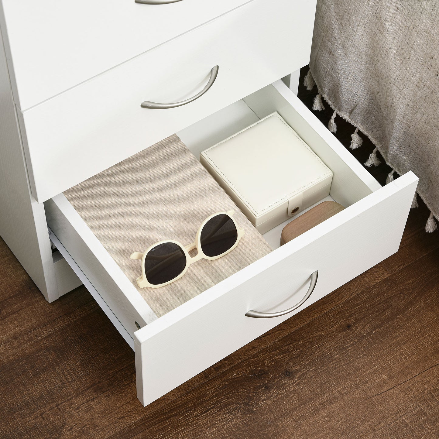 Yotose White Wood 3 Drawer Bedside Table with Silver Metal Handles