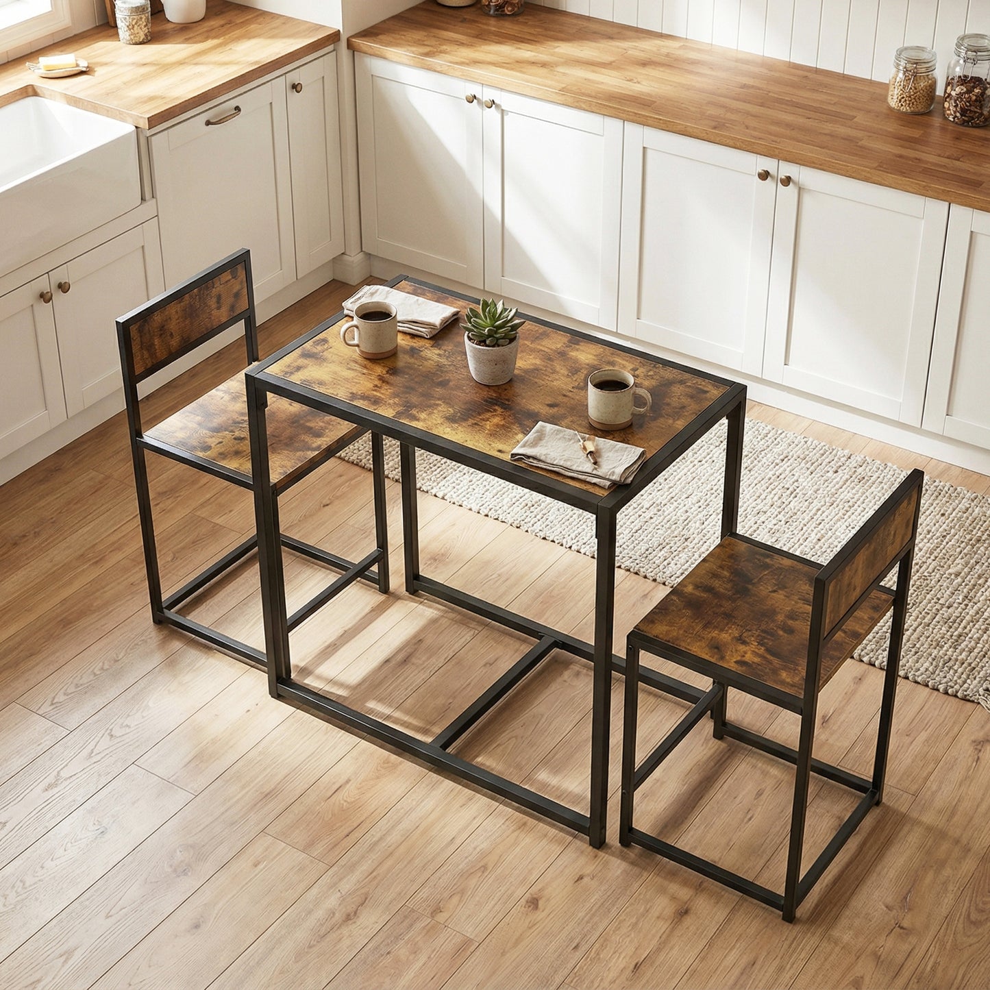 Doel 3 Piece Rustic Brown Wood Effect Table And Stool Set