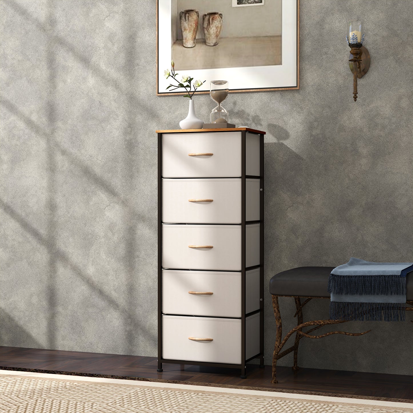 Yona Metal And Fabric Cream White 5 Drawer Industrial Storage Dresser With Steel Frame