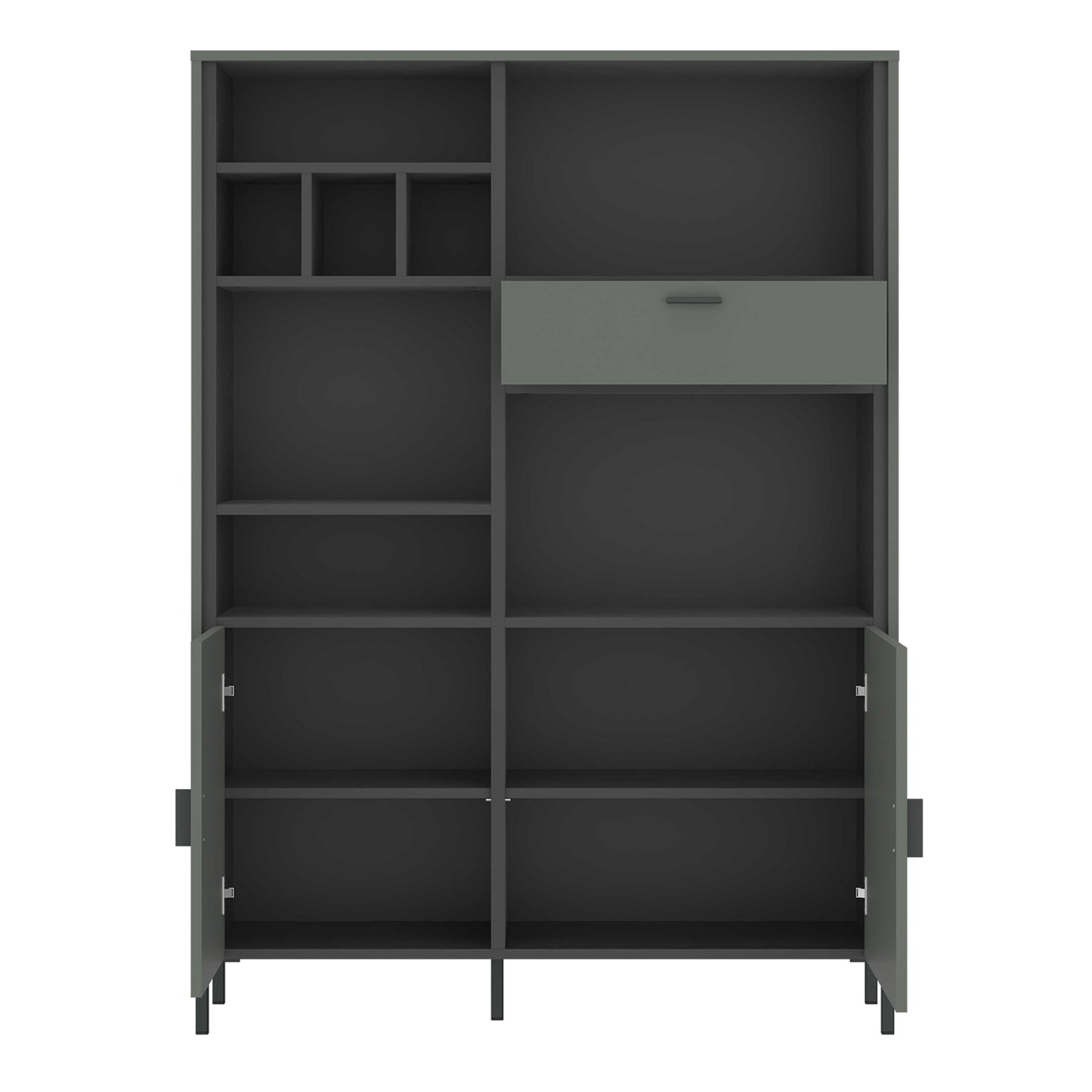 Elowynd Olive Green Panelled Bookcase 2 Door 1 Drawer 9 Shelves