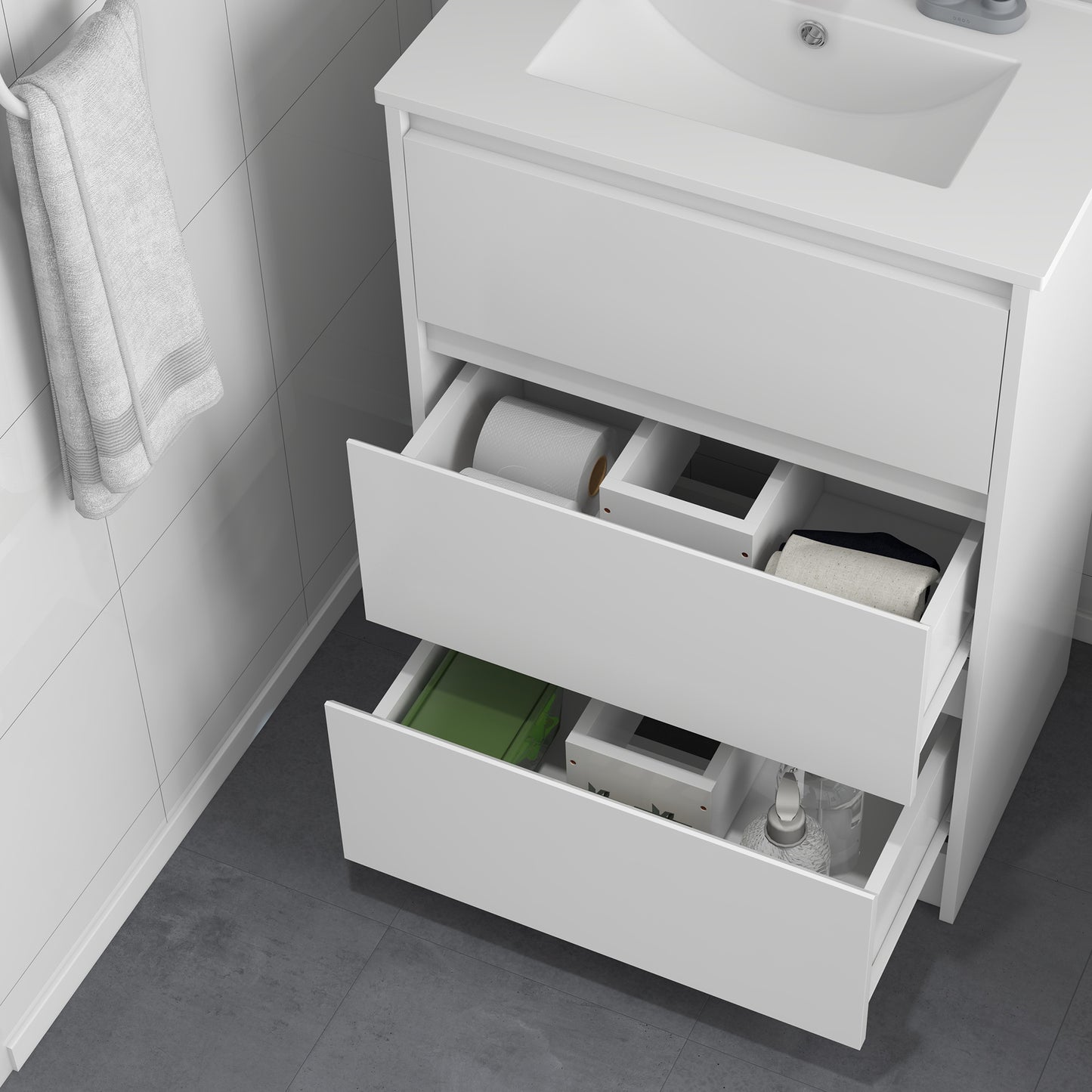 Nilute Floor Standing Bathroom Vanity Unit With Basin And 2 Drawers High Gloss White 600mm
