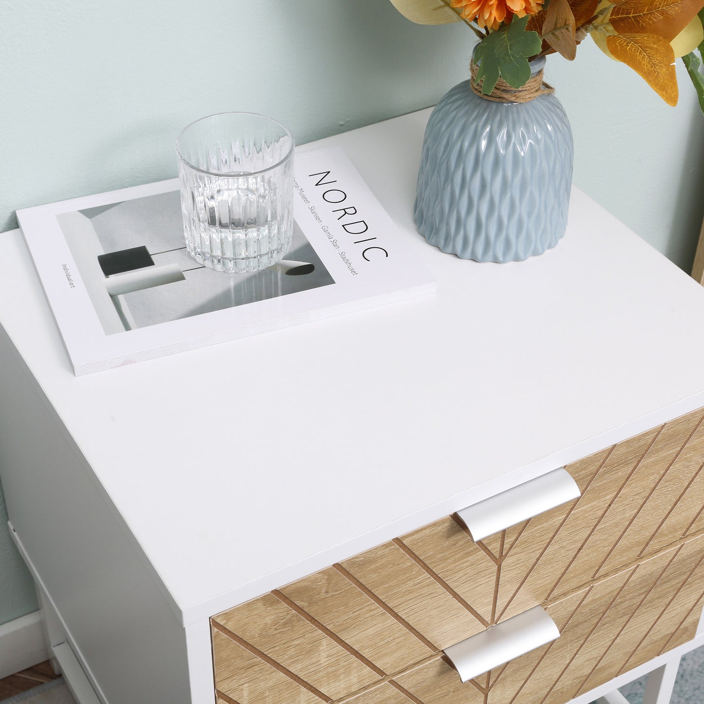 Filu Reno Set Of 2 Wooden White And Natural Chevron Bedside Tables With 2 Drawers