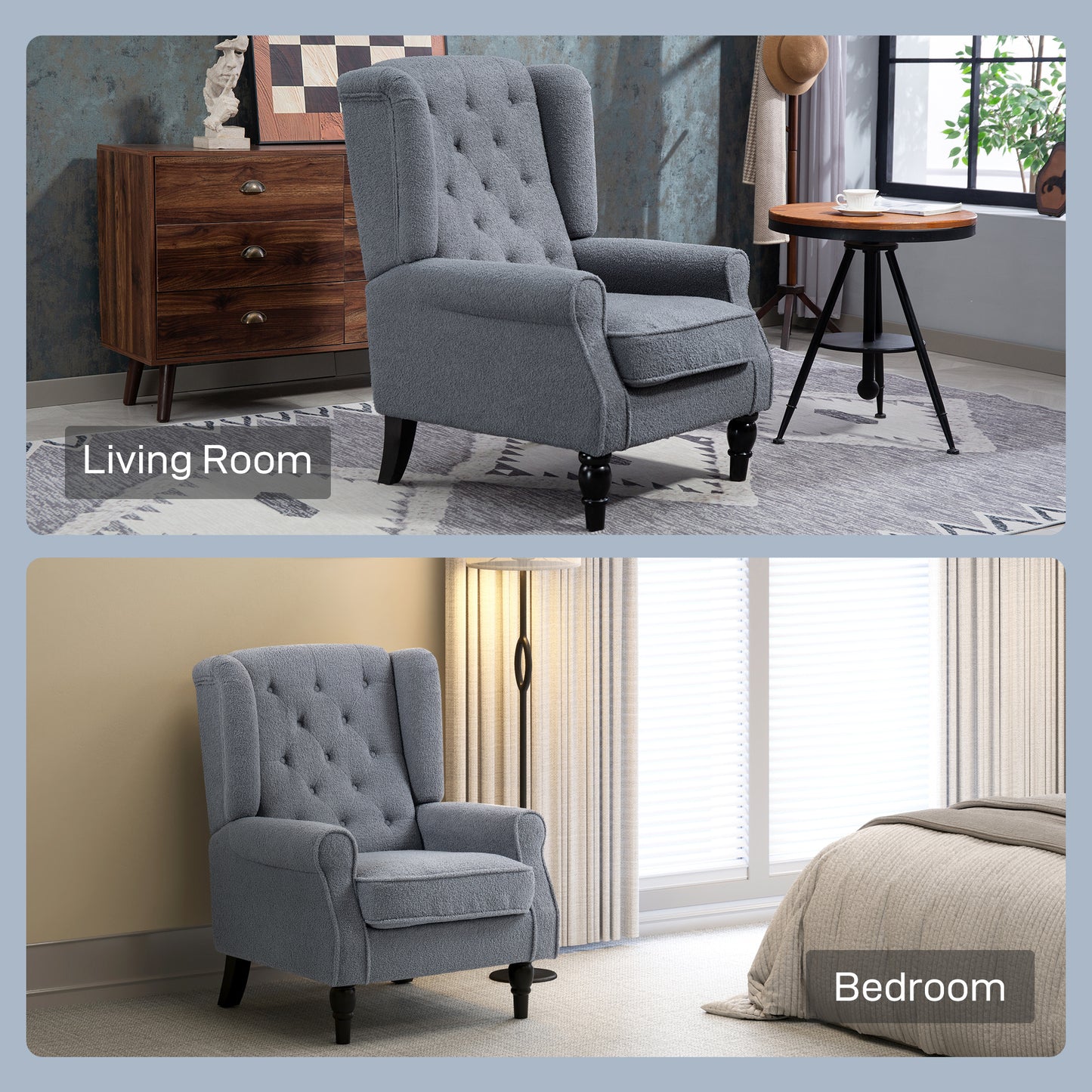 Rovero Grey Retro Wingback Accent Teddy Boucle Armchair With Diamond Button Sherpa Tufted Upholstery