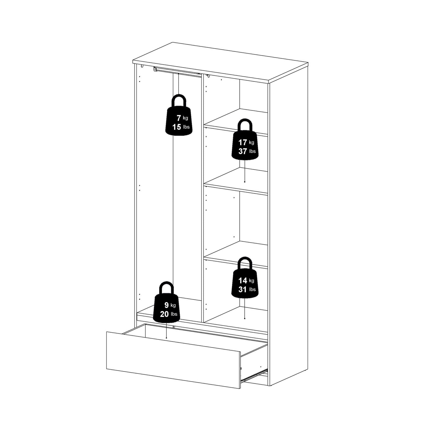 Budapest White Wooden Wardrobe 2 Doors 1 Drawer