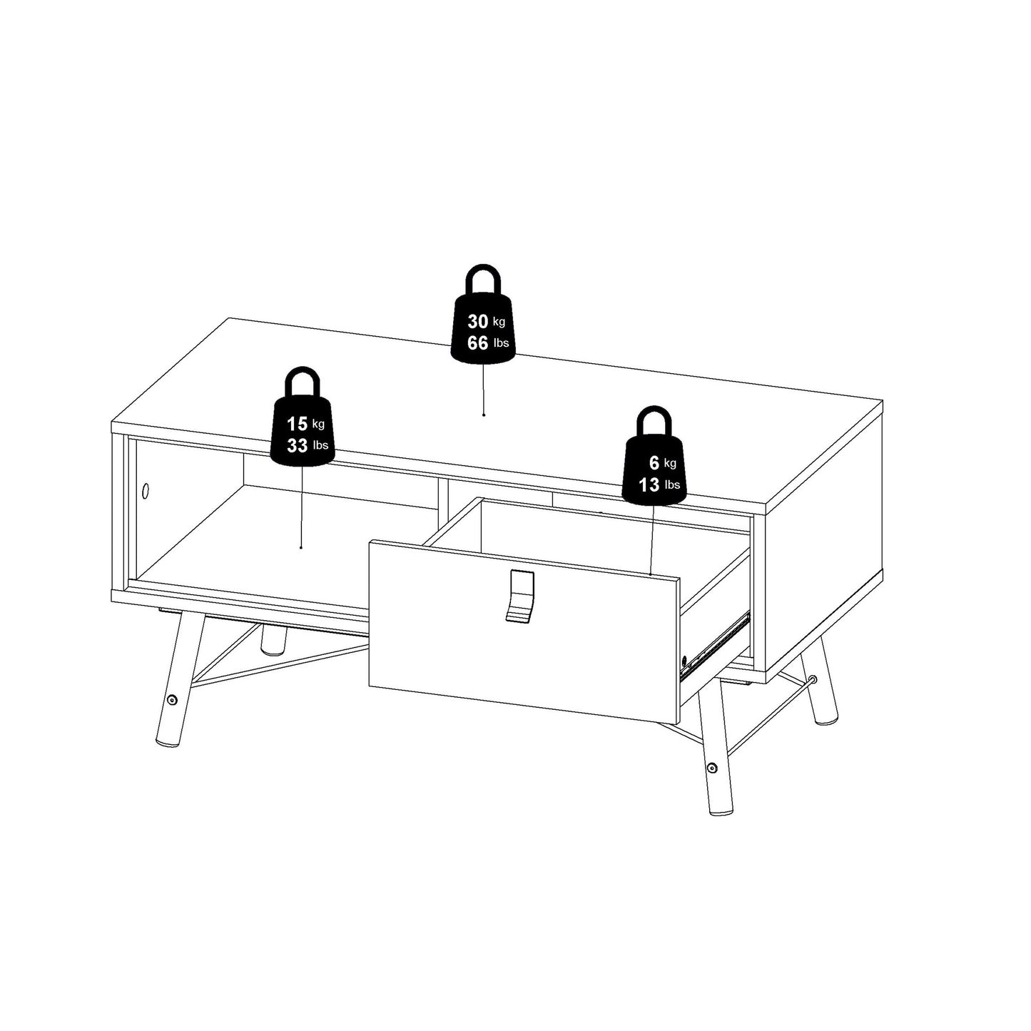 Juno Black and Walnut Wood Coffee Table 1 Drawer and Open Shelf