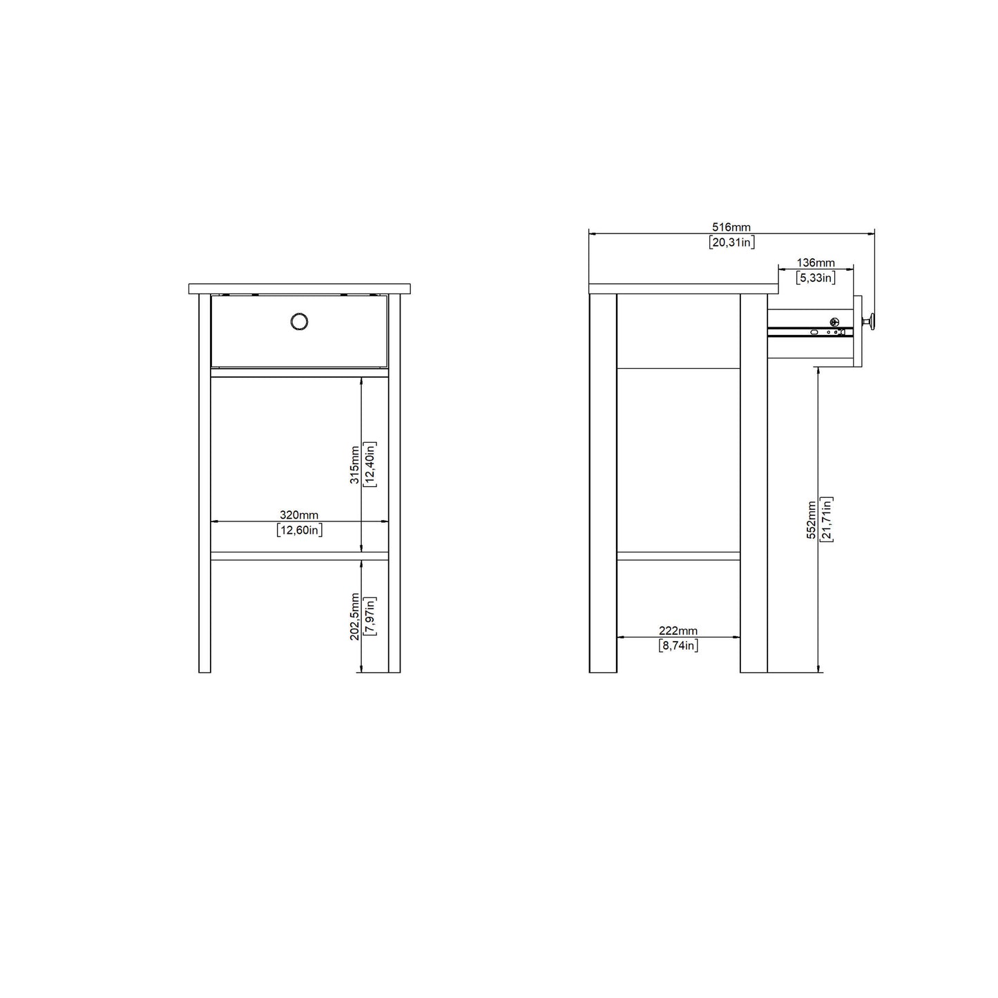 Wildberry Matt White Wooden Bedside Table with 1 Drawer Bottom Shelf Leather Handles