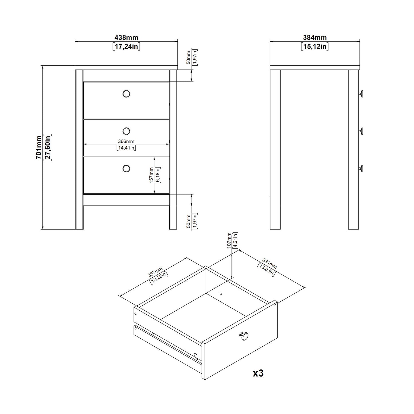 Wildberry Matt Black Bedside Table 3 Drawers