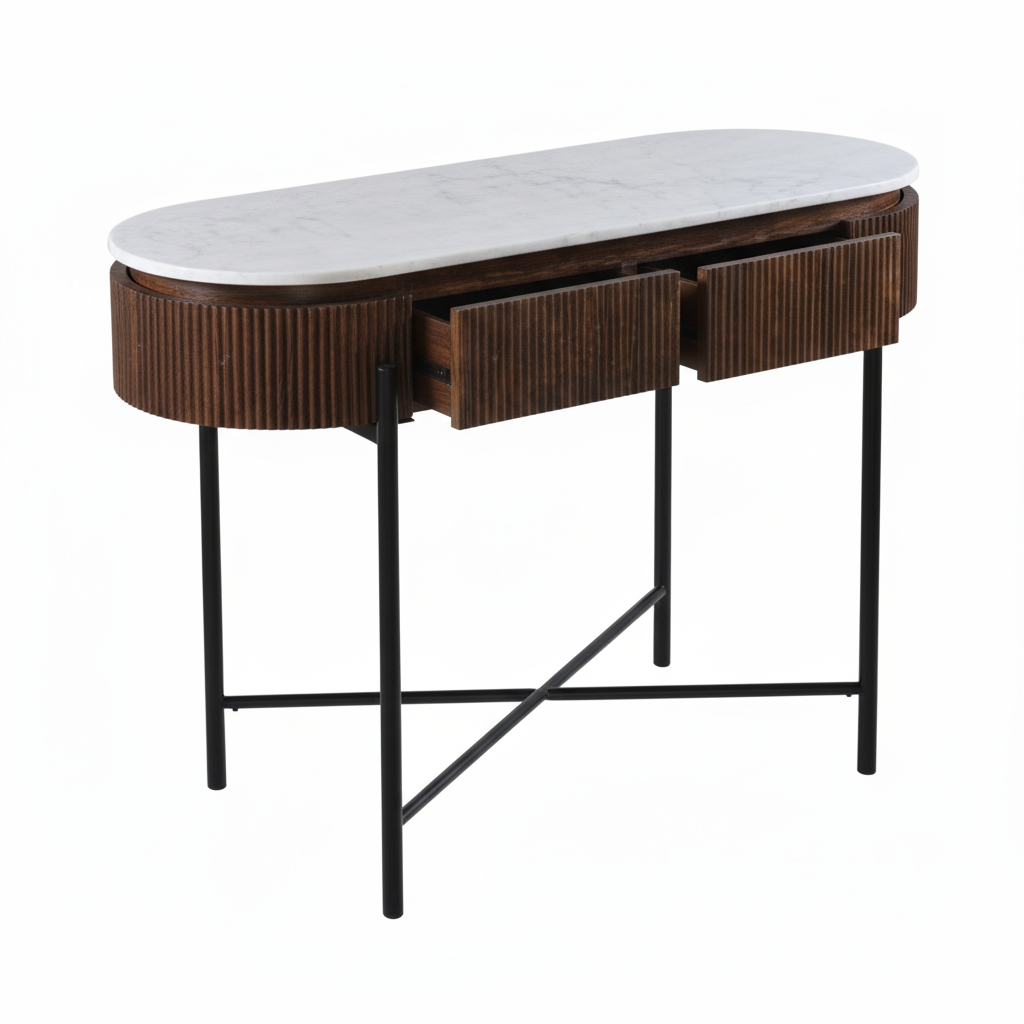Alabama Ribbed Mango Wood Console Table With Marble Top and Metal Legs