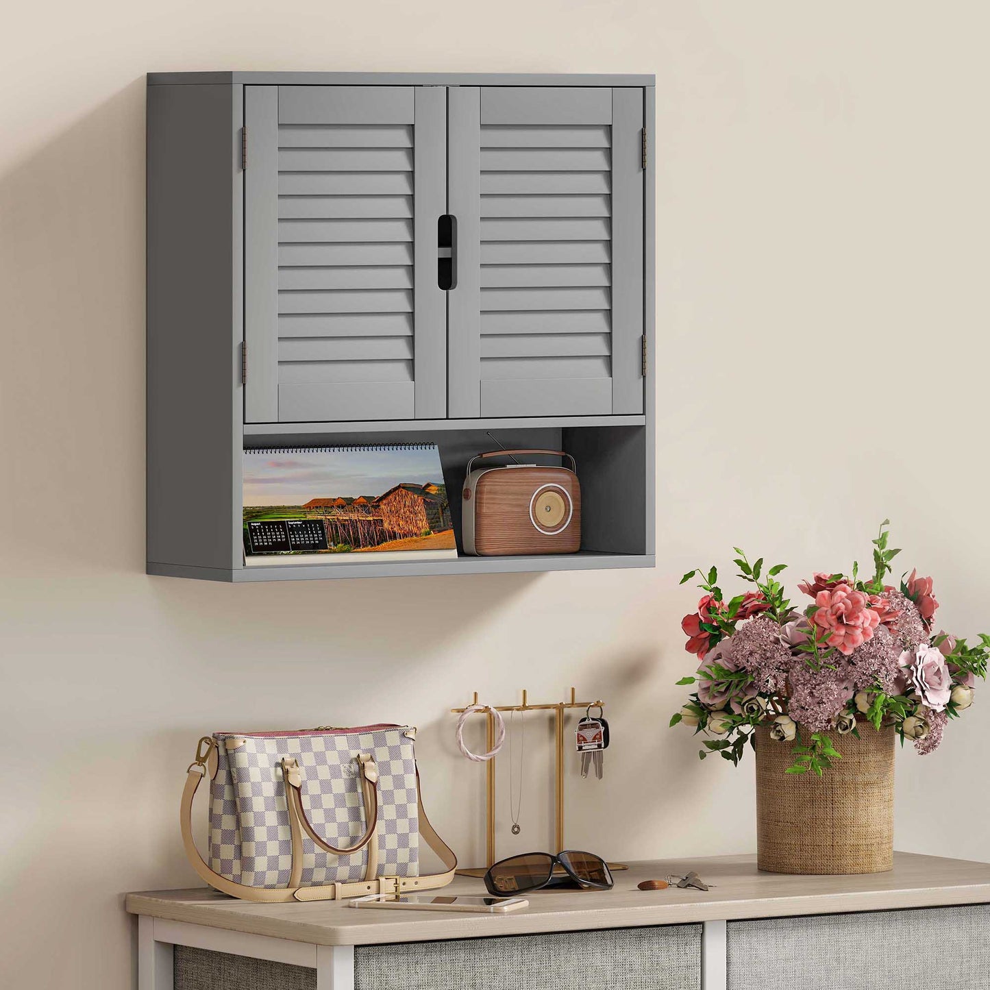 Zilikane Wall Mounted Bathroom Storage Cabinet With Adjustable Shelves Grey 60 x 20 x 60cm