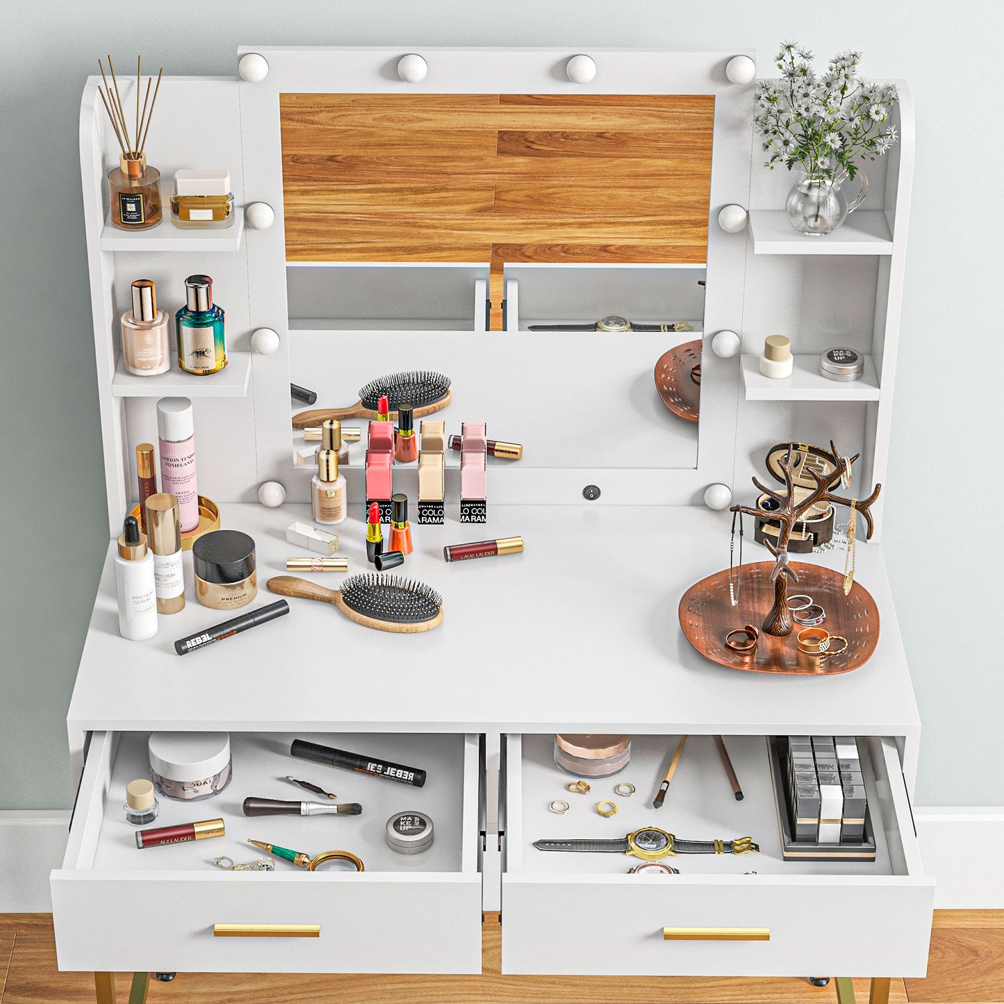 Doraro White LED Dressing Table With Lighted Mirror Cushioned Stool Drawers And Shelves