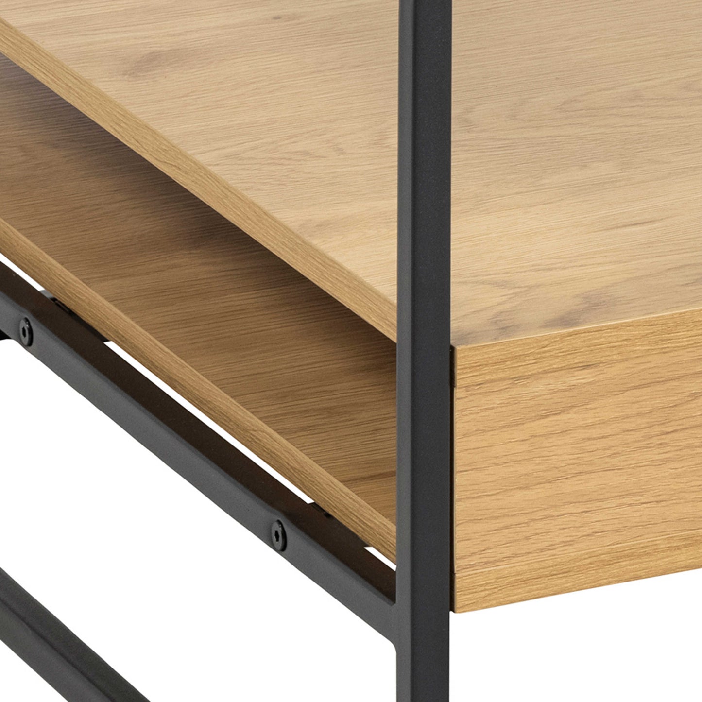 Wrenna Black and Natural Oak Effect Square Coffee Table 2 Shelves Glass Top