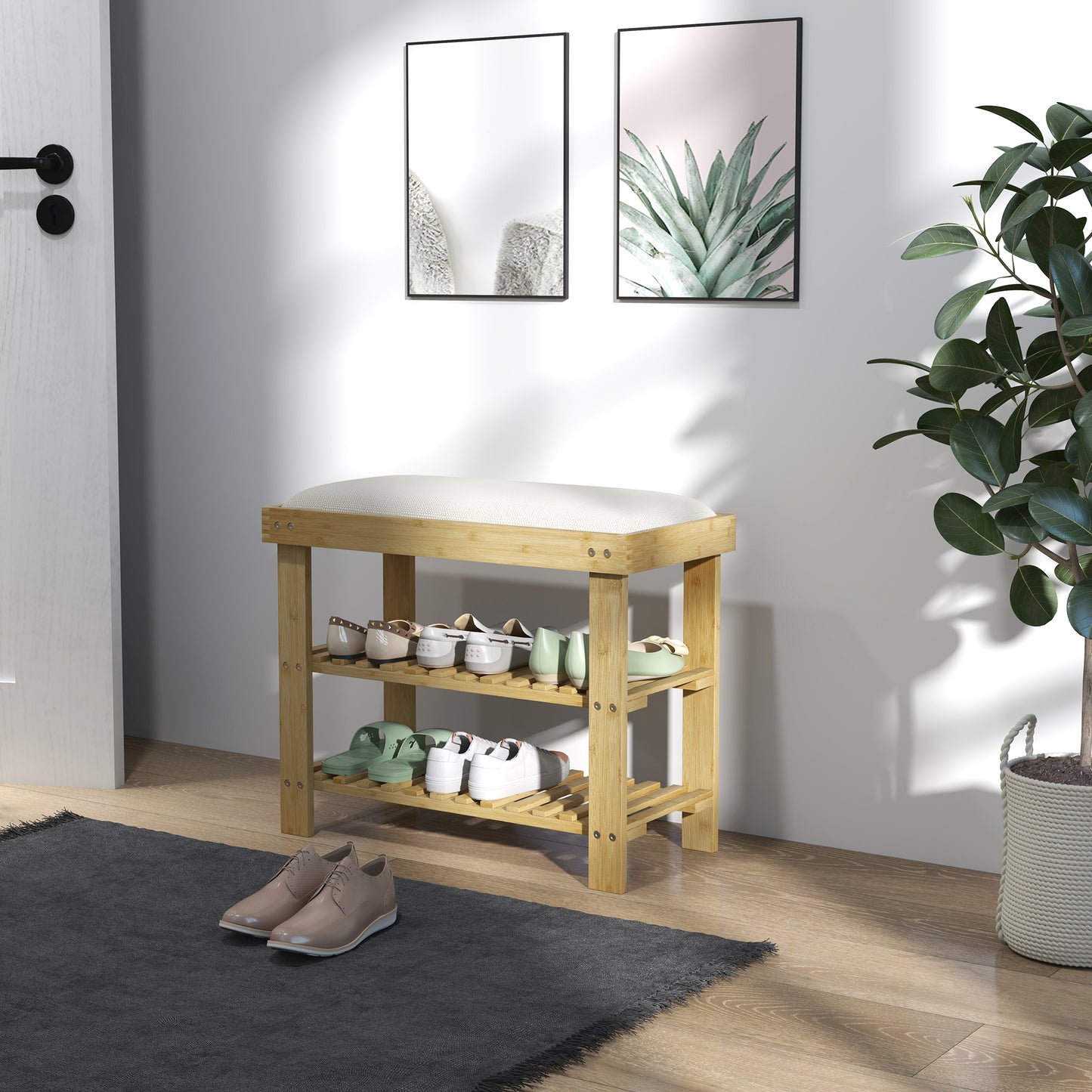 Fisuso 60cm Bamboo Cream White 3 Tier Shoe Bench With Cushioned Seat