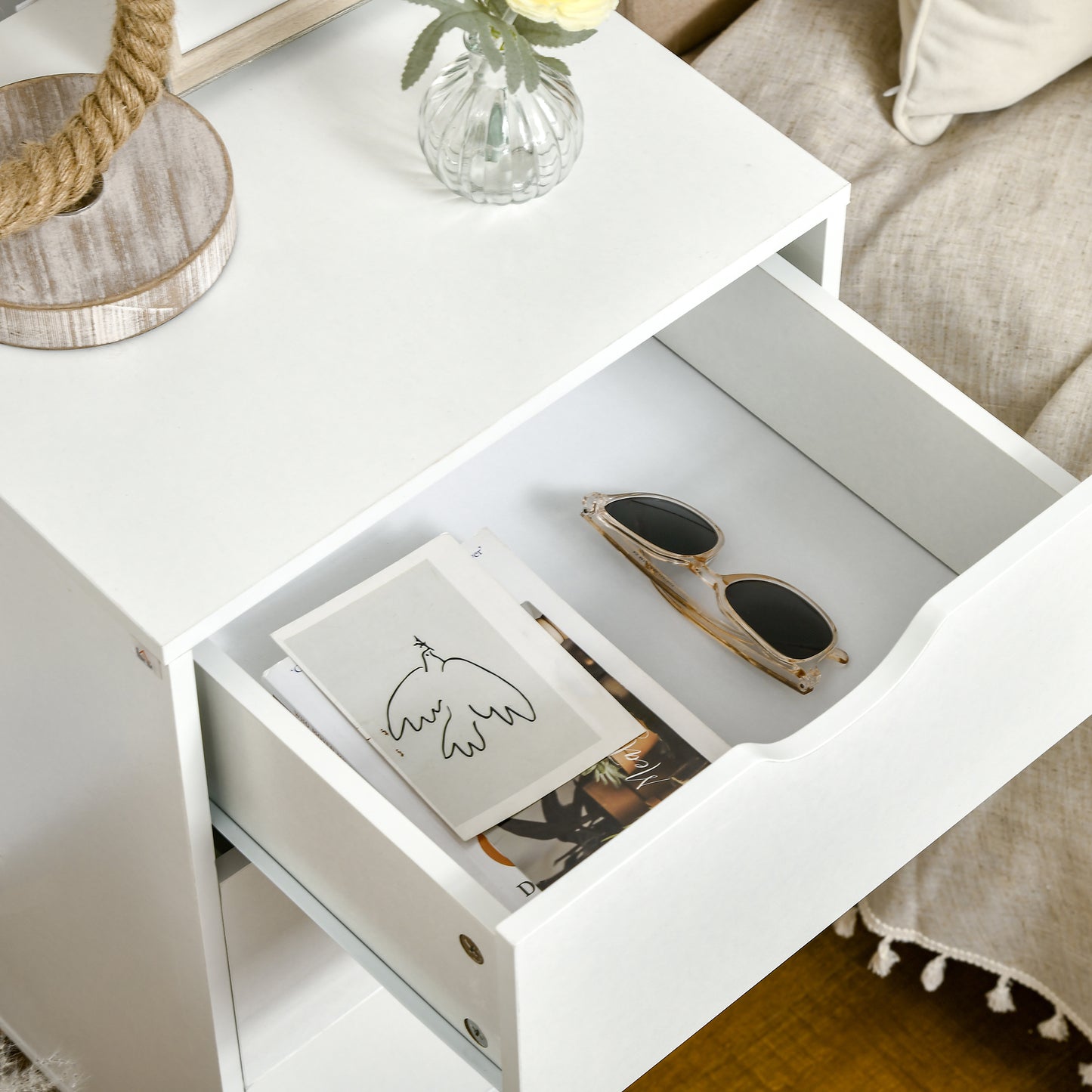Rato White Bedside Table With 3 Drawers And Narural Wood Legs