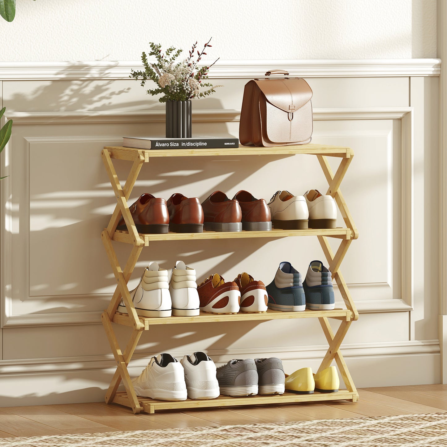 Taseyo Sori Natural Bamboo 4 Tier Folding Shoe Rack