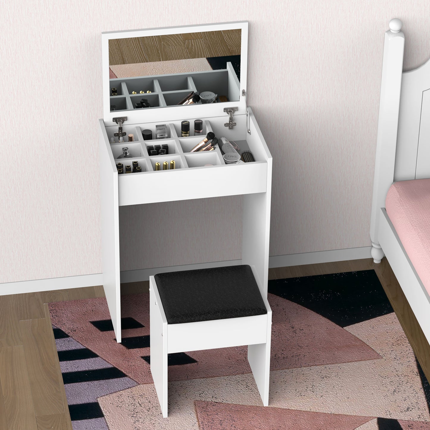 Nolena White Wood Vanity Table With Flip Up Mirror Padded Stool And Storage