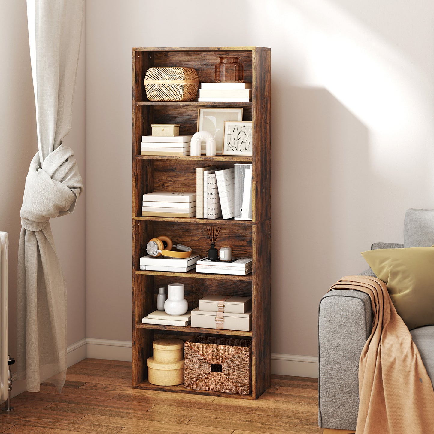 Loama Wooden Rustic Brown 6 Tier Storage Bookcase