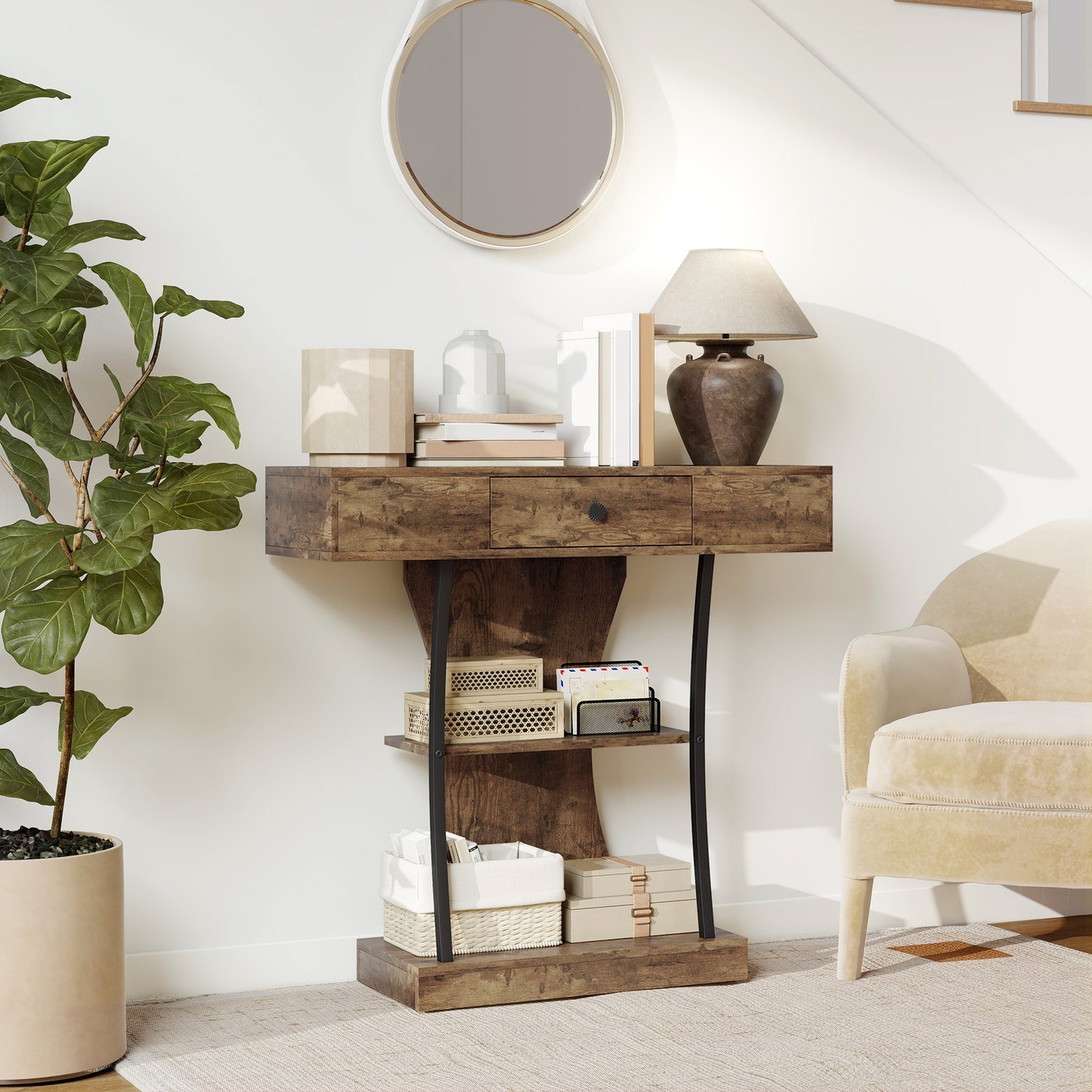 Rasana Metal And Wooden Rustic Brown 3 Tier Console Table With Drawer And Shelves