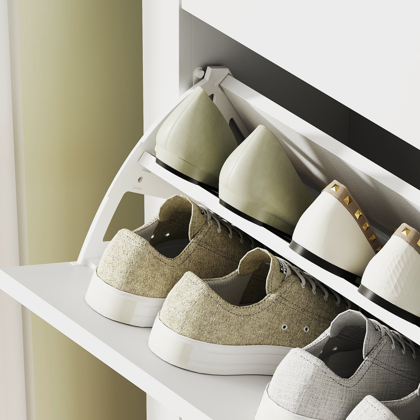 Rimi Wooden White and Natural 2 Drawer Shoe Cabinet Faux Leather Handles