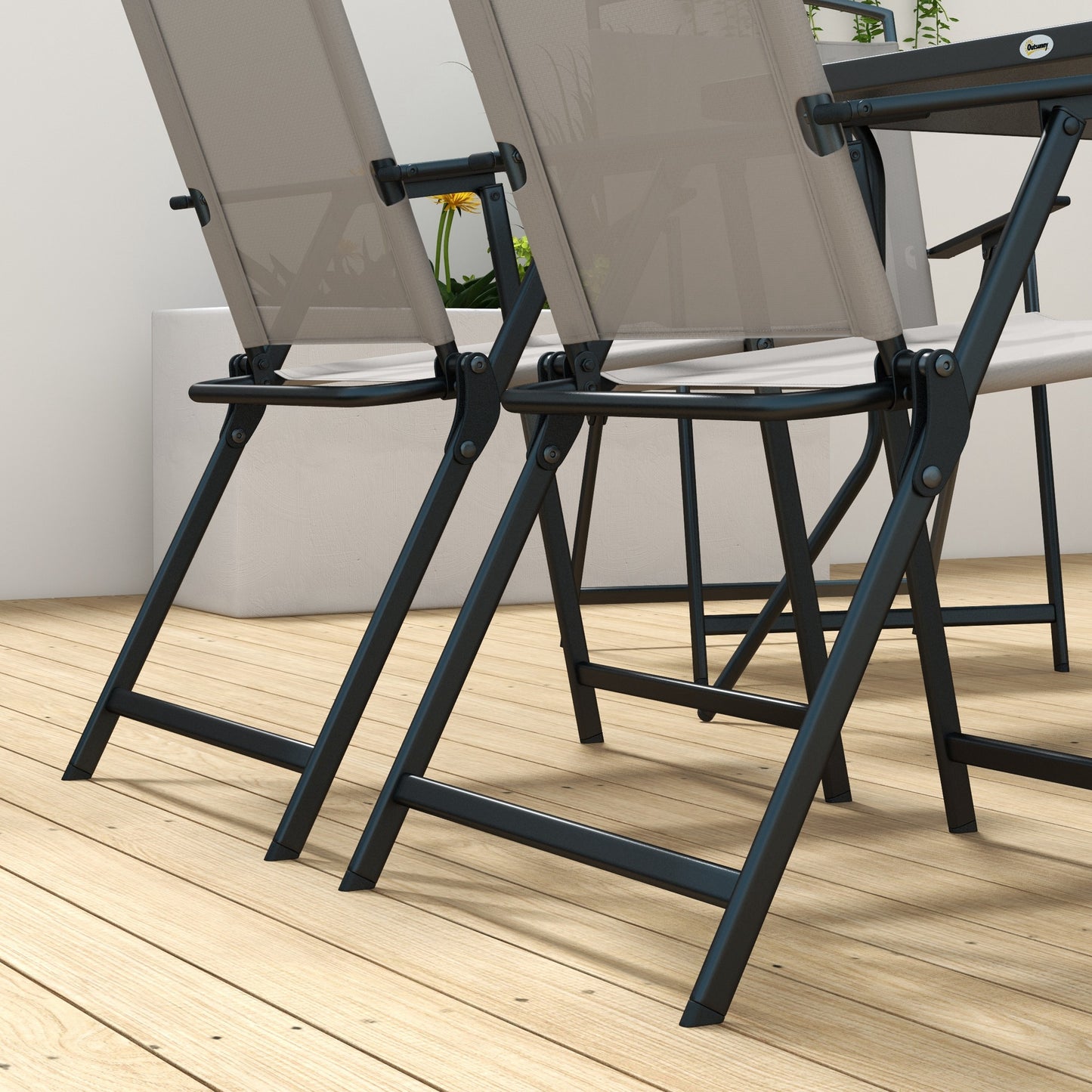 Lobama 6 Seater Grey Mesh Garden Dining Set with Glass Top Table and Folding Chairs