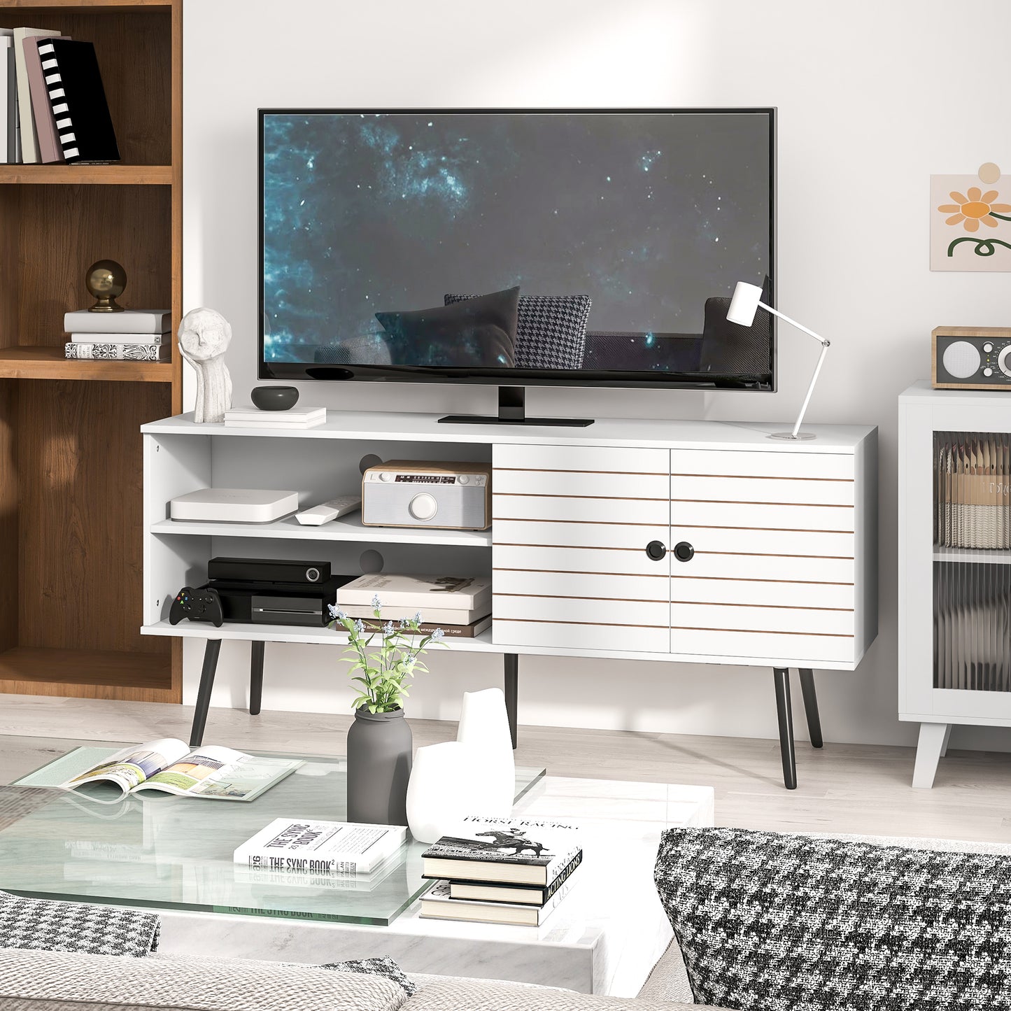 Lare 145cm Wooden White TV Unit With Stripe Doors Open Shelves And Wooden Legs