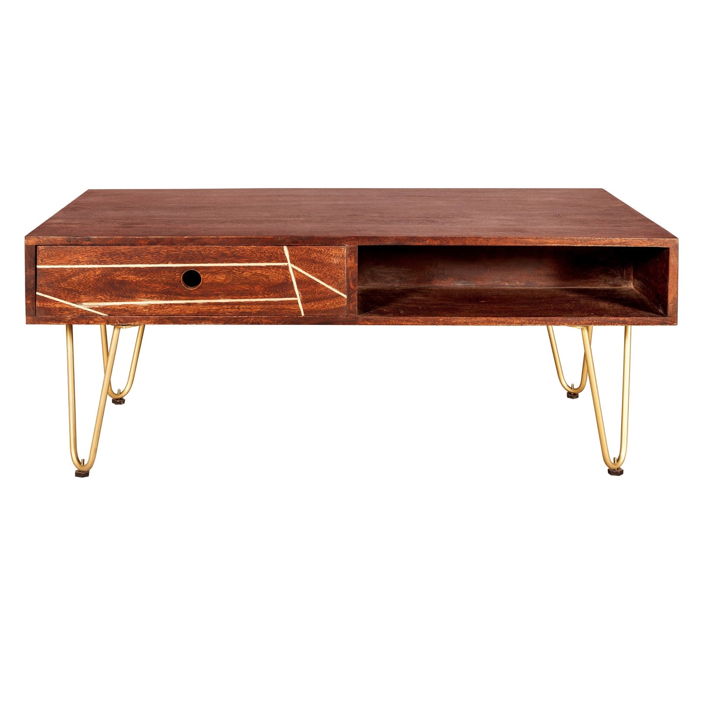 Bandung Dark Mango Wood and Gold Rectangular Coffee Table 1 Drawer 1 Open Shelf
