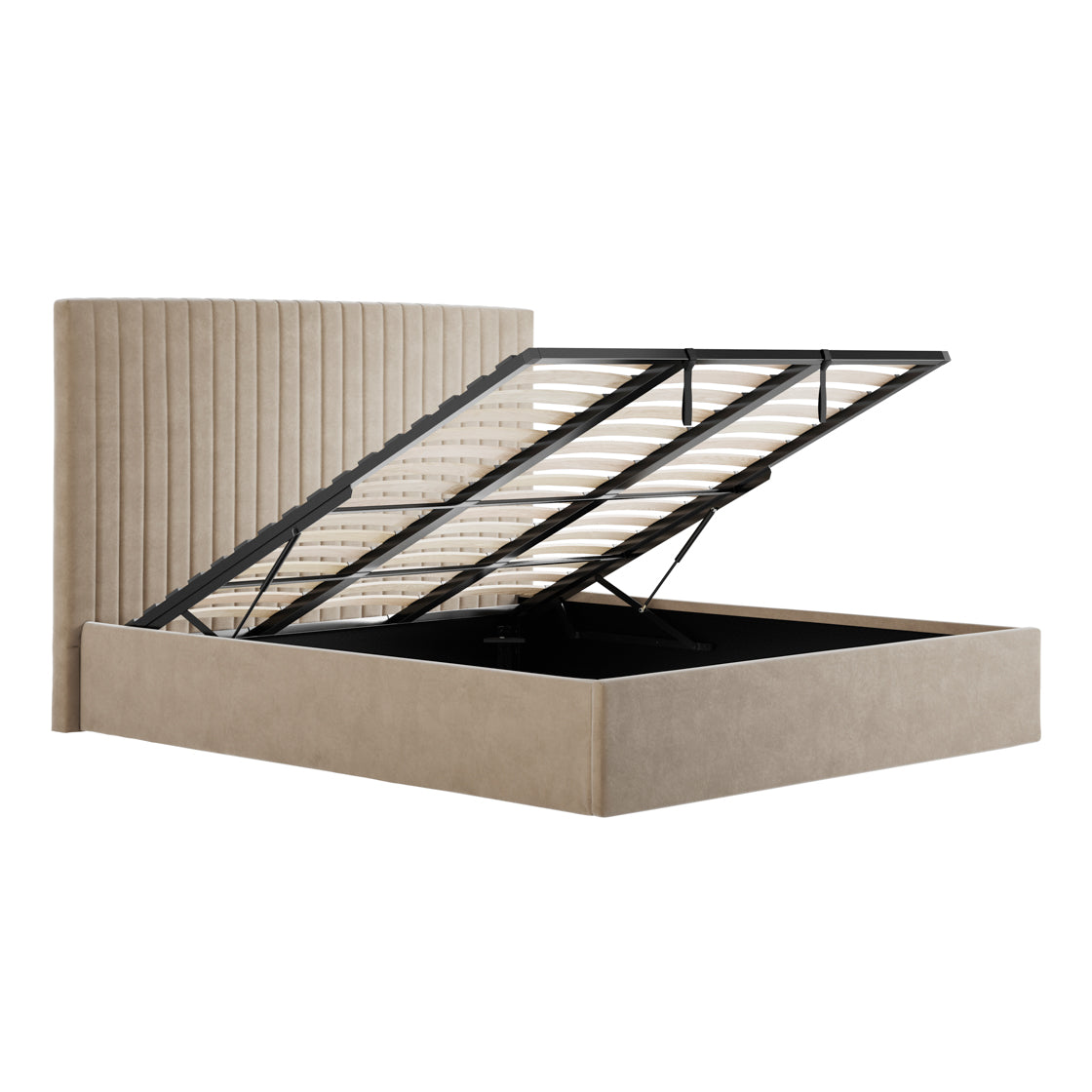 Dublin Taupe Upholstered 6ft Super King Size Ottoman Bed with Tall Ribbed Headboard