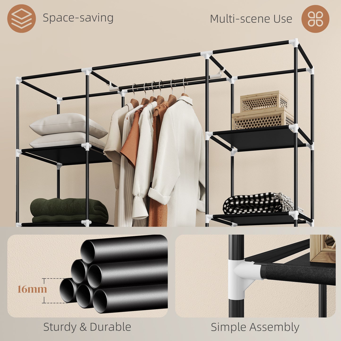 Belapalo Black Foldable Fabric Wardrobe With Shelves And Zip Cover