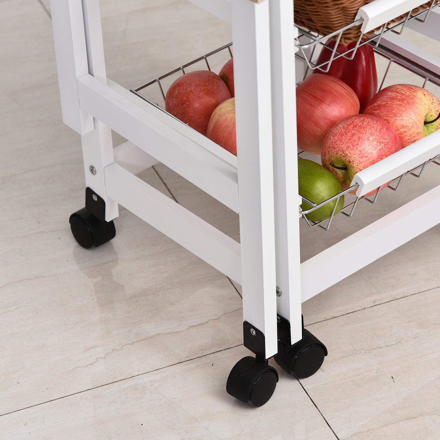 Ziha Wooden White Oak Tone Drop Leaf Kitchen Trolley With Baskets And Wheels