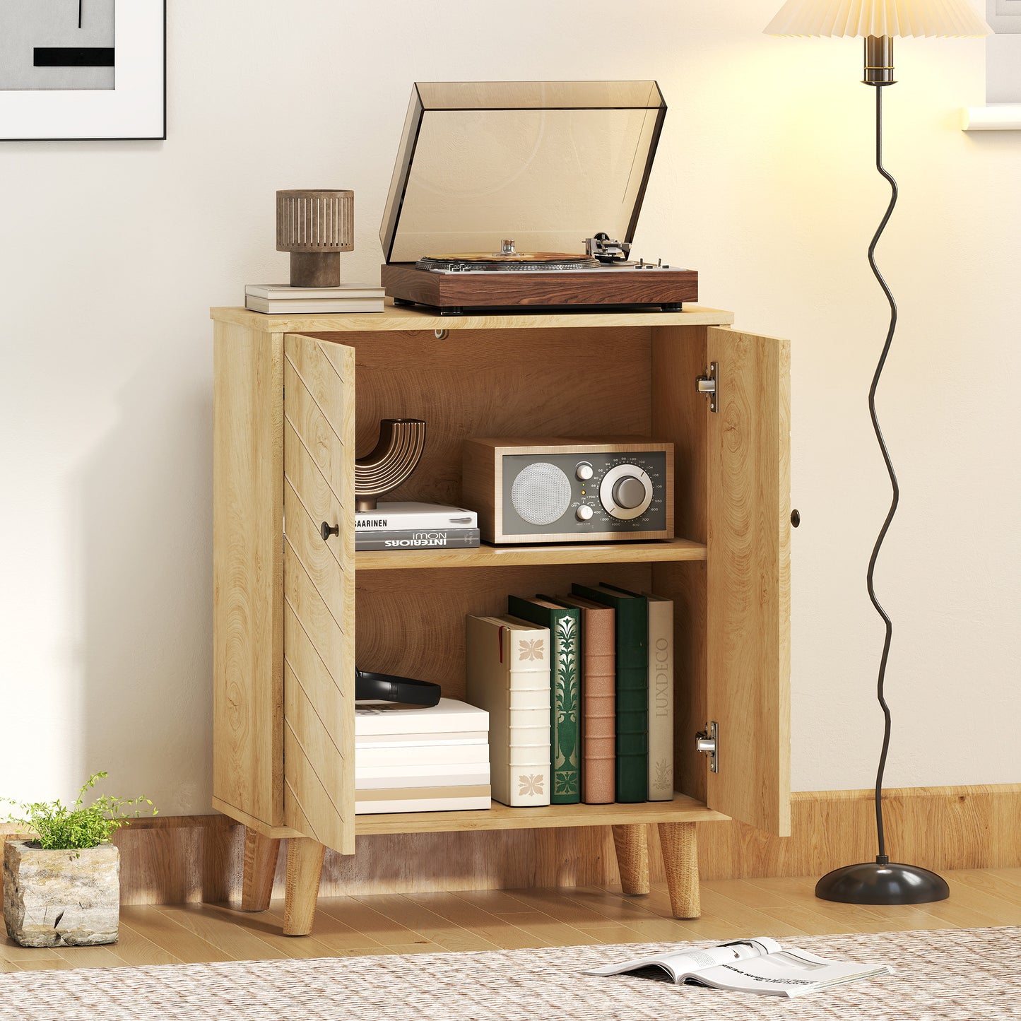 Elka Dive Natural Wood Chevron Sideboard 2 Doors Angled Legs