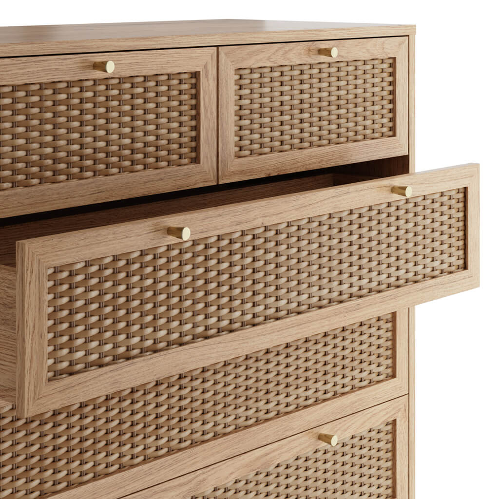 Waterford Oak and Rattan Chest Of 6 Drawers