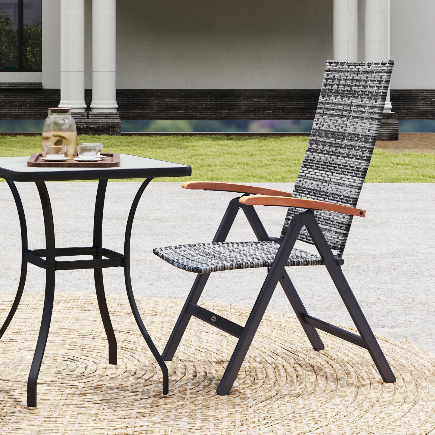 Konotte Suma Rattan Light Grey Folding Garden Dining Chair With 5 Position Reclining Back And Wooden Armrests