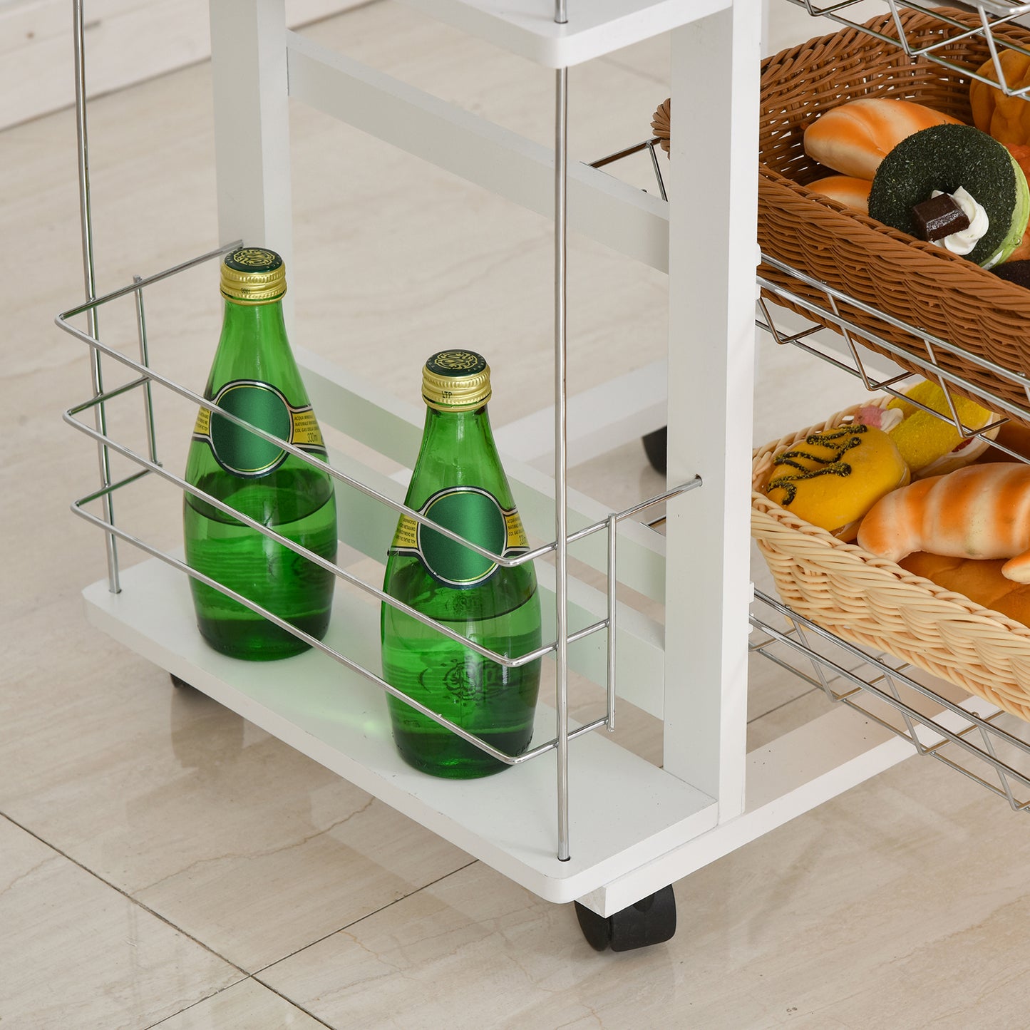 Tore Metal White Rolling Kitchen Cart With 4 Basket Drawers And Side Racks