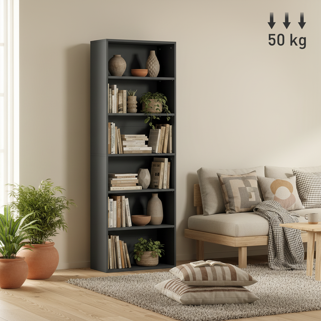 Nere 158cm Wood Black 6 Tier Bookcase